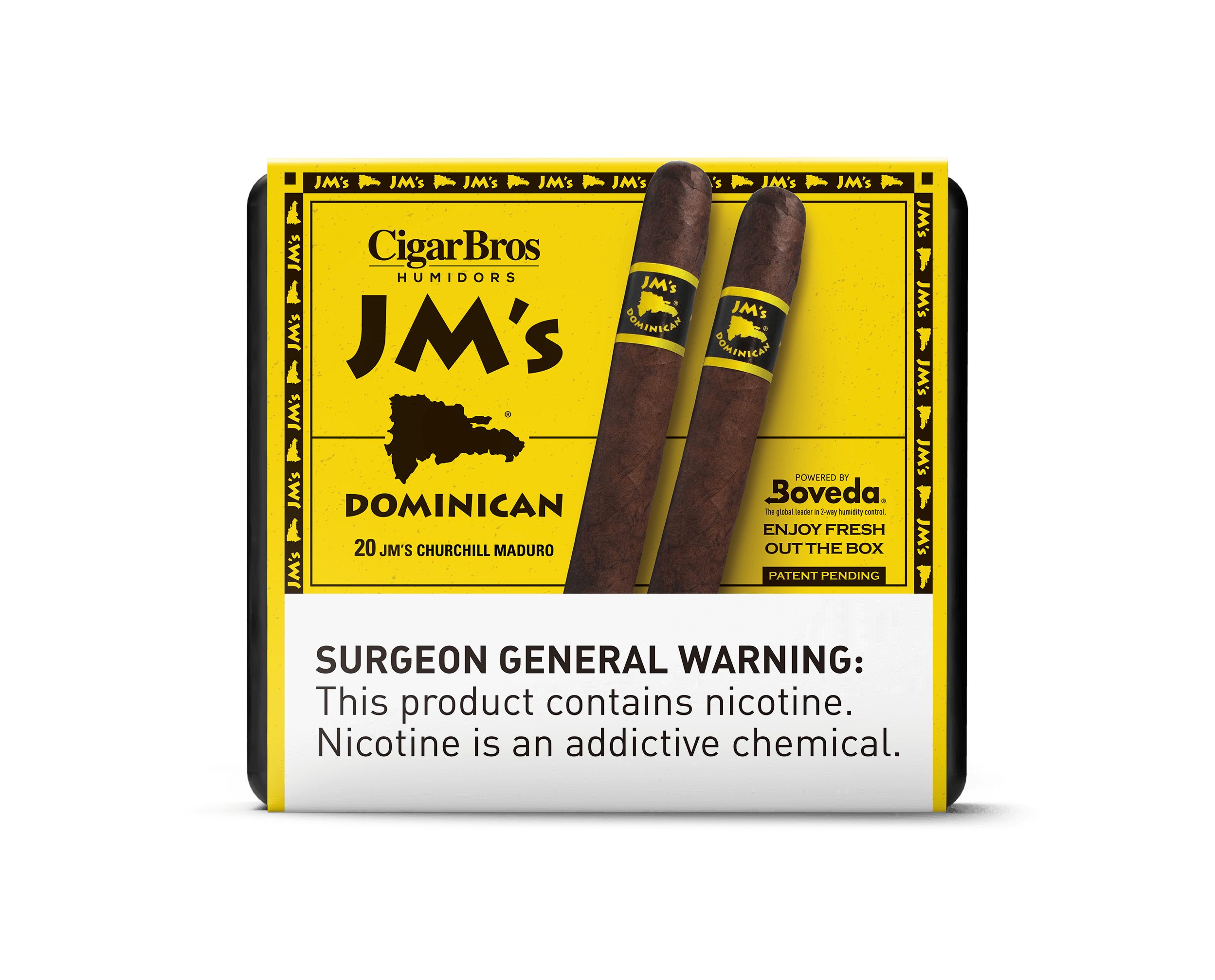 JM's Dominican cigars by CigarBros, featuring Maduro variety, packaged with health warning.