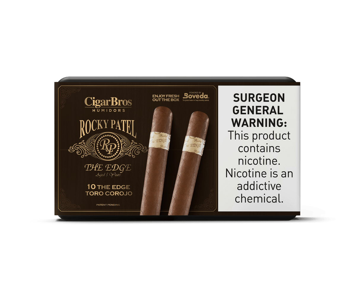Rocky Patel Edge Toro Corojo cigars in a CigarBros packaging, featuring a nicotine warning and branding details.