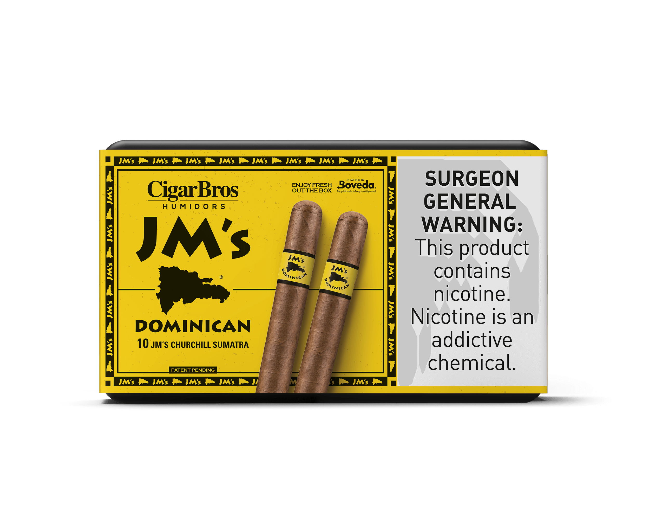 JM's Dominican cigars by CigarBros in Churchill Sumatra box, featuring a Surgeon General warning label.