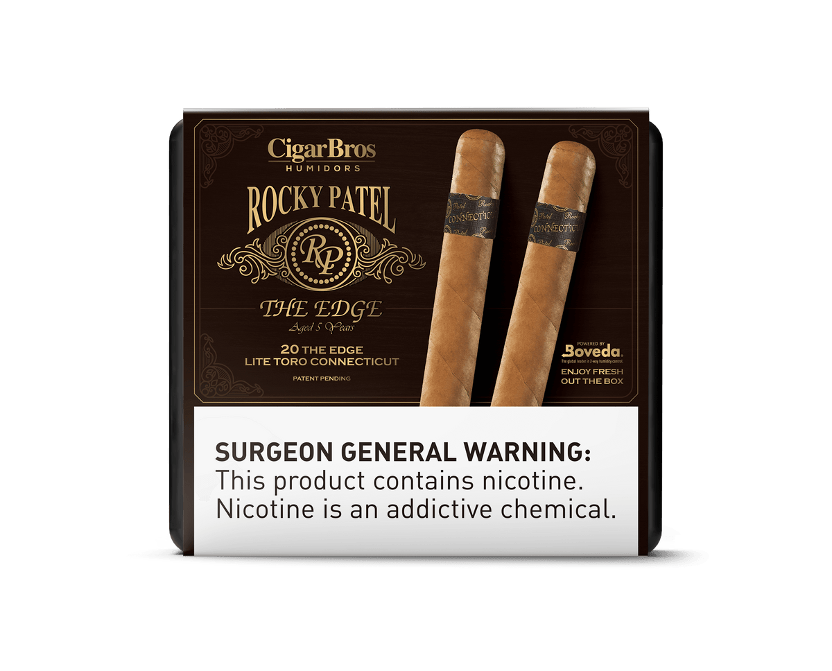 Rocky Patel Edge Lite Toro Connecticut cigars in Cigar Bros packaging with nicotine warning.