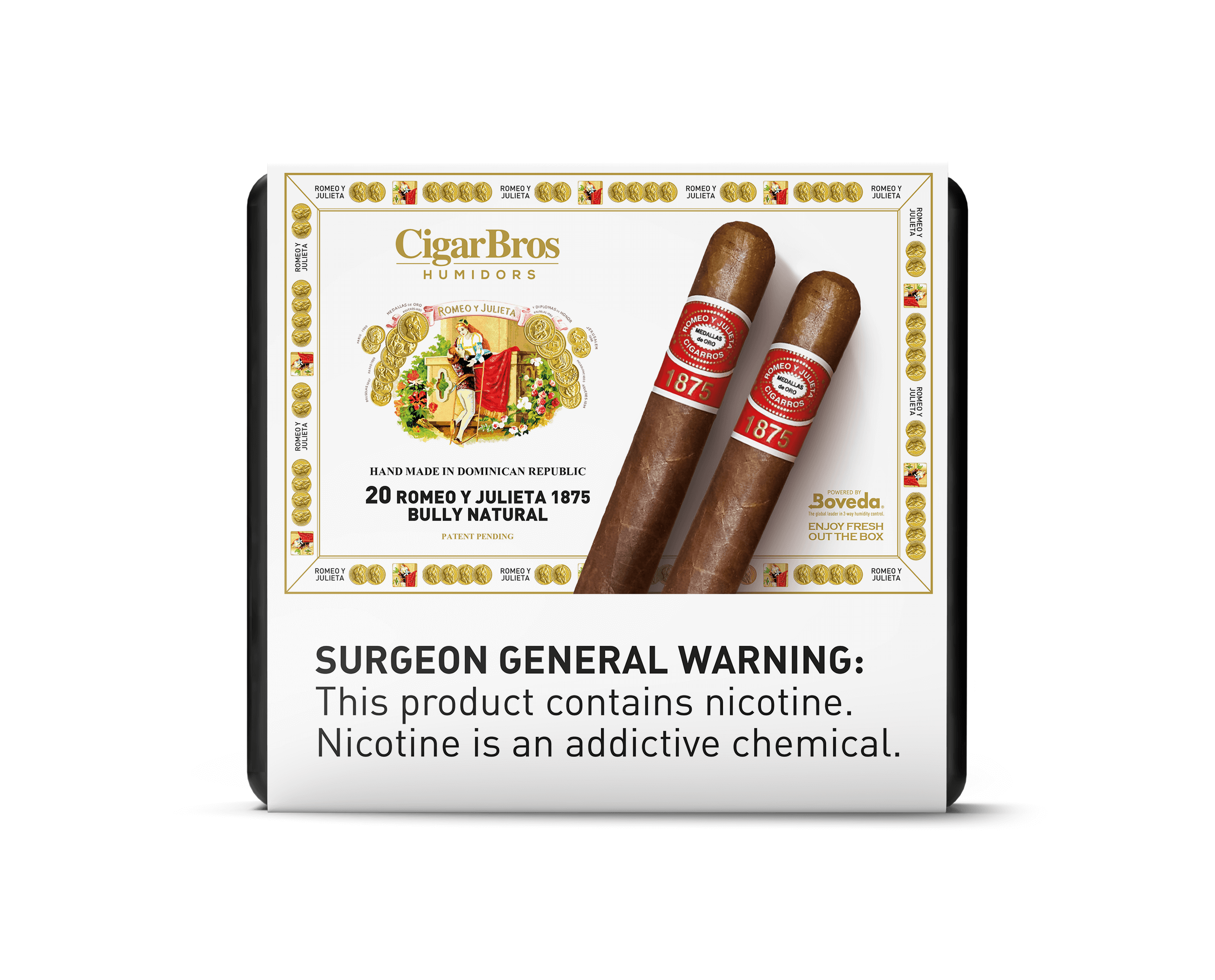 Romeo y Julieta 1875 Bully Natural cigars by CigarBros in a box with surgeon general warning.