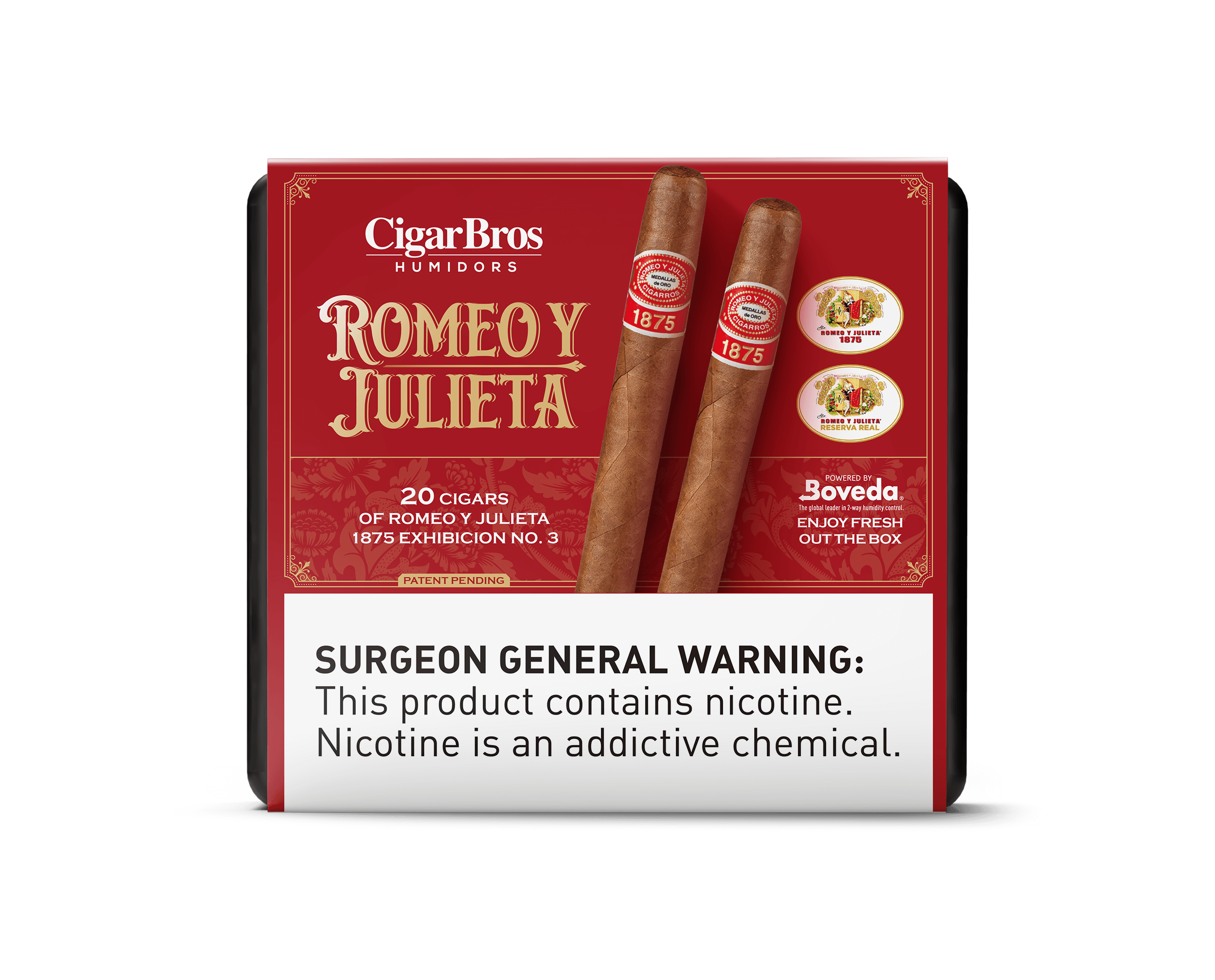 Romeo y Julieta 1875 by CigarBros box of 20 cigars, featuring elegant design and surgeon warning.