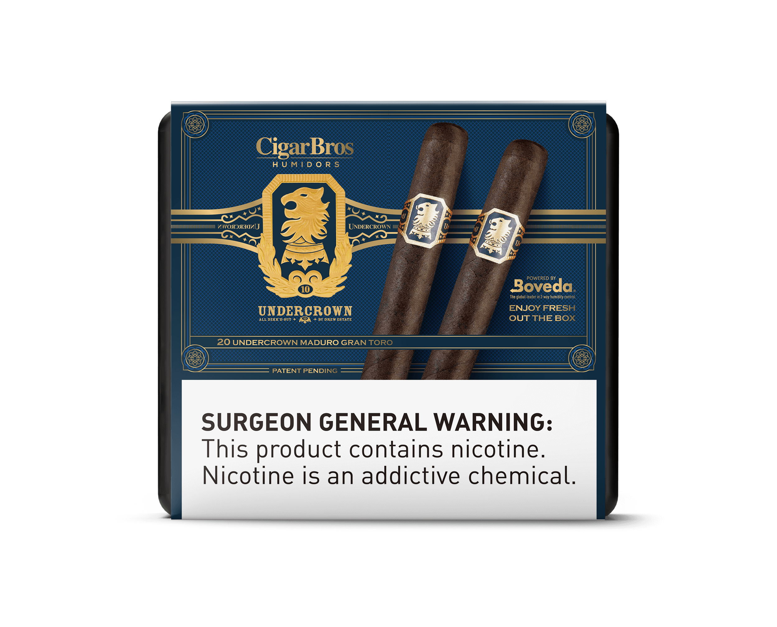 Undercrown by CigarBros featuring rich Maduro cigars in a stylish box with a surgeon general warning.