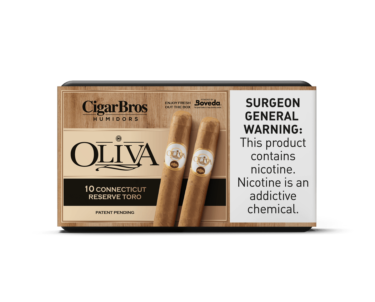 Oliva Connecticut Reserve Toro cigars by CigarBros, packaged with smooth flavor and nicotine warning.