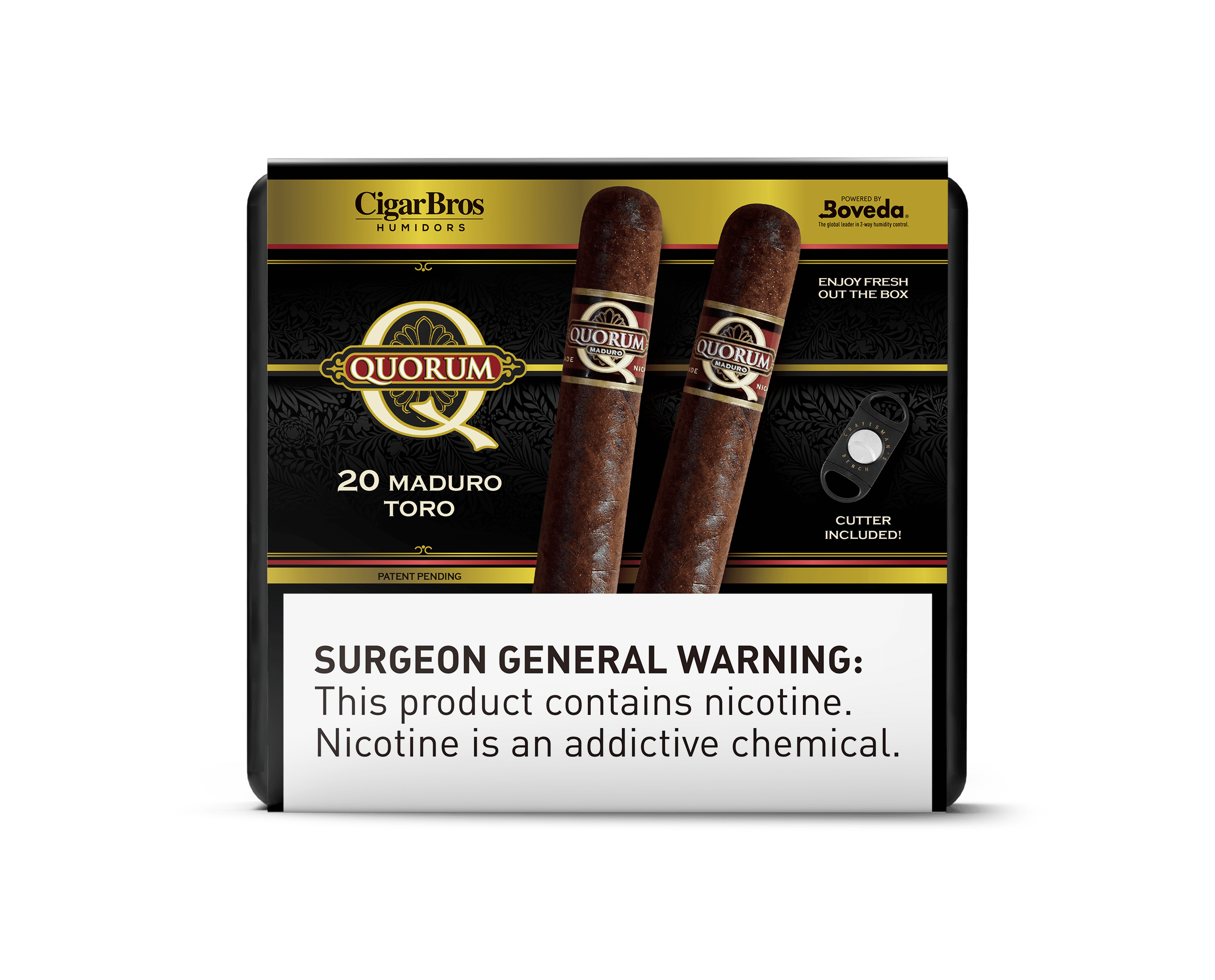 Quorum by CigarBros Maduro Toro cigars pack with cutter included and warning label about nicotine.