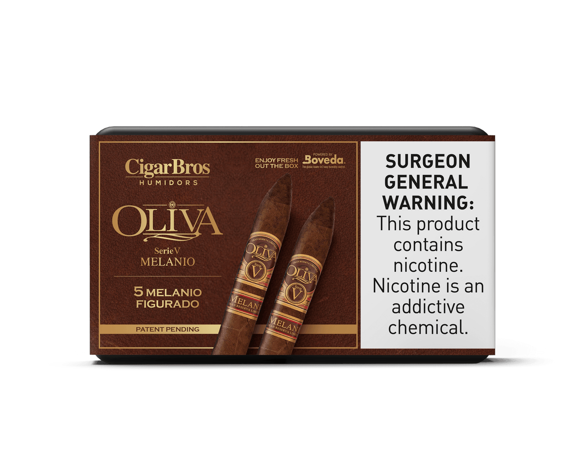 Oliva Serie V Melanio cigar box by CigarBros featuring 5 figurado cigars and health warning.