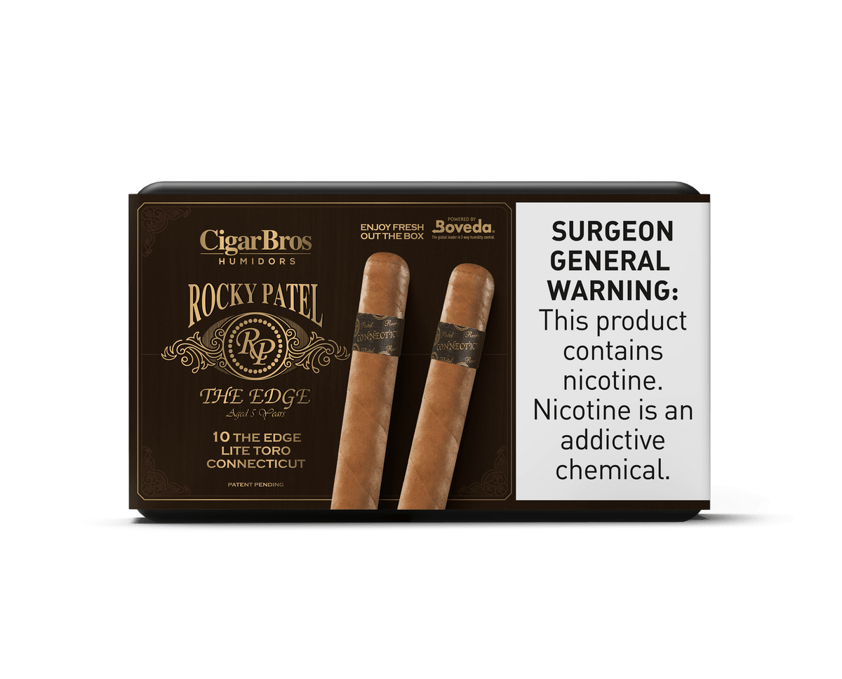 Rocky Patel Edge cigars box by CigarBros, featuring 10 Lite Toro Connecticut cigars with strong flavor and consistency.