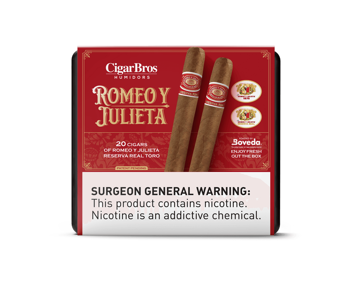 Romeo y Julieta Reserva Real Toro box by CigarBros featuring 20 premium cigars and health warning.