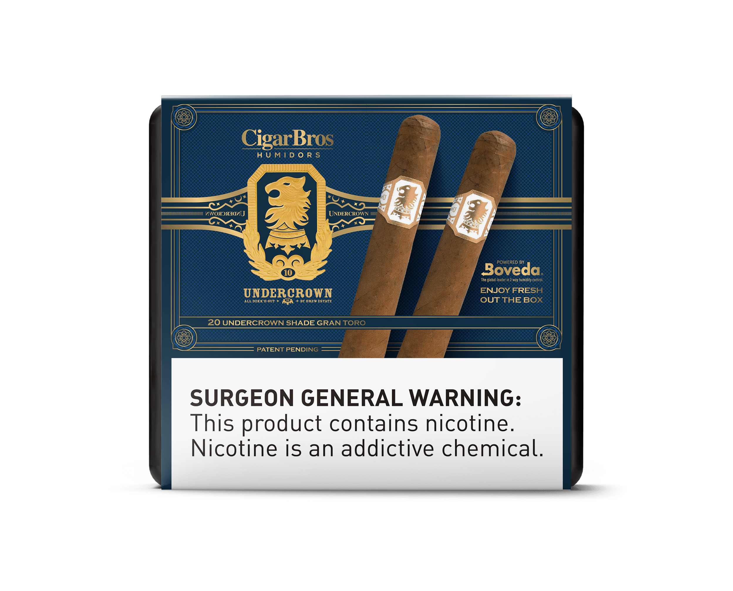 CigarBros Undercrown humidor with two cigars, showcasing rich flavors and bold character. Surgeon general warning visible.