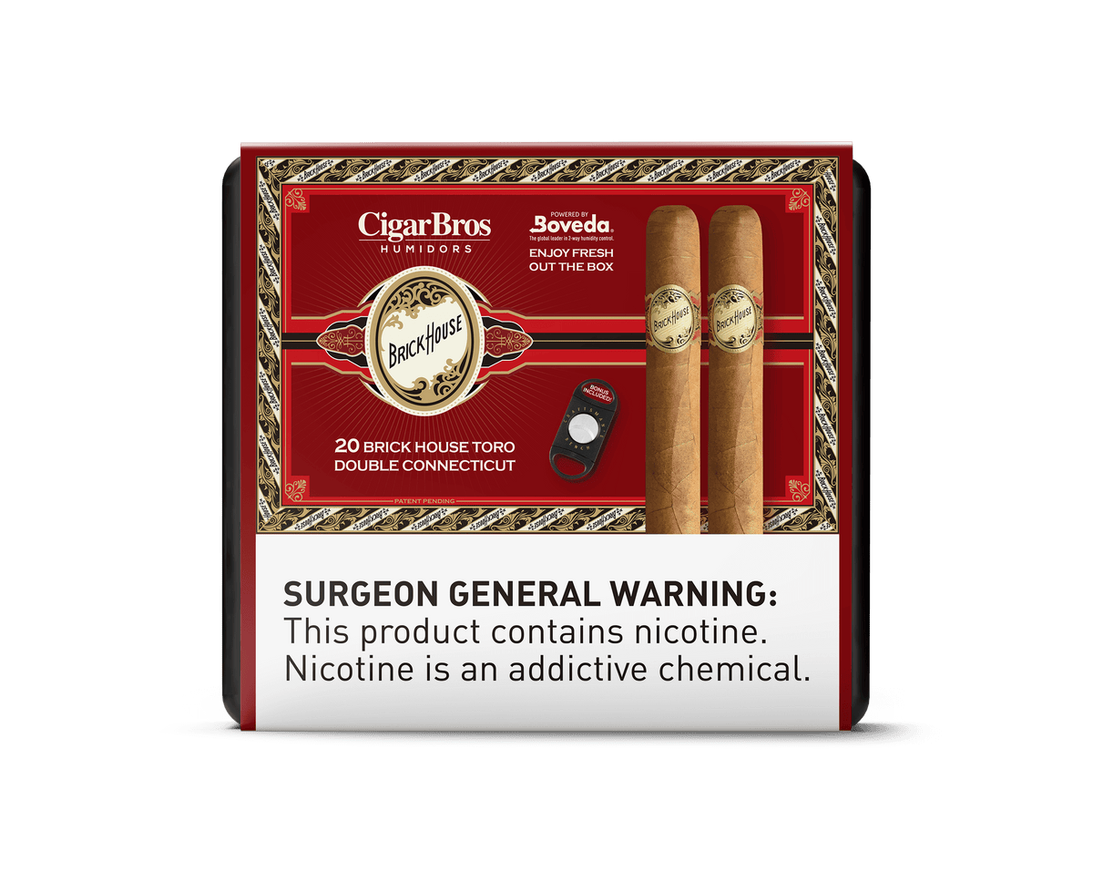 Brick House Toro Double Connecticut cigars by CigarBros, showcasing premium quality and rich flavors in a sleek box.