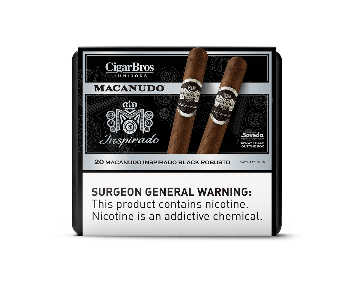 Macanudo Inspirado Black Robusto cigars by CigarBros, featuring 20 premium cigars in a sleek box.