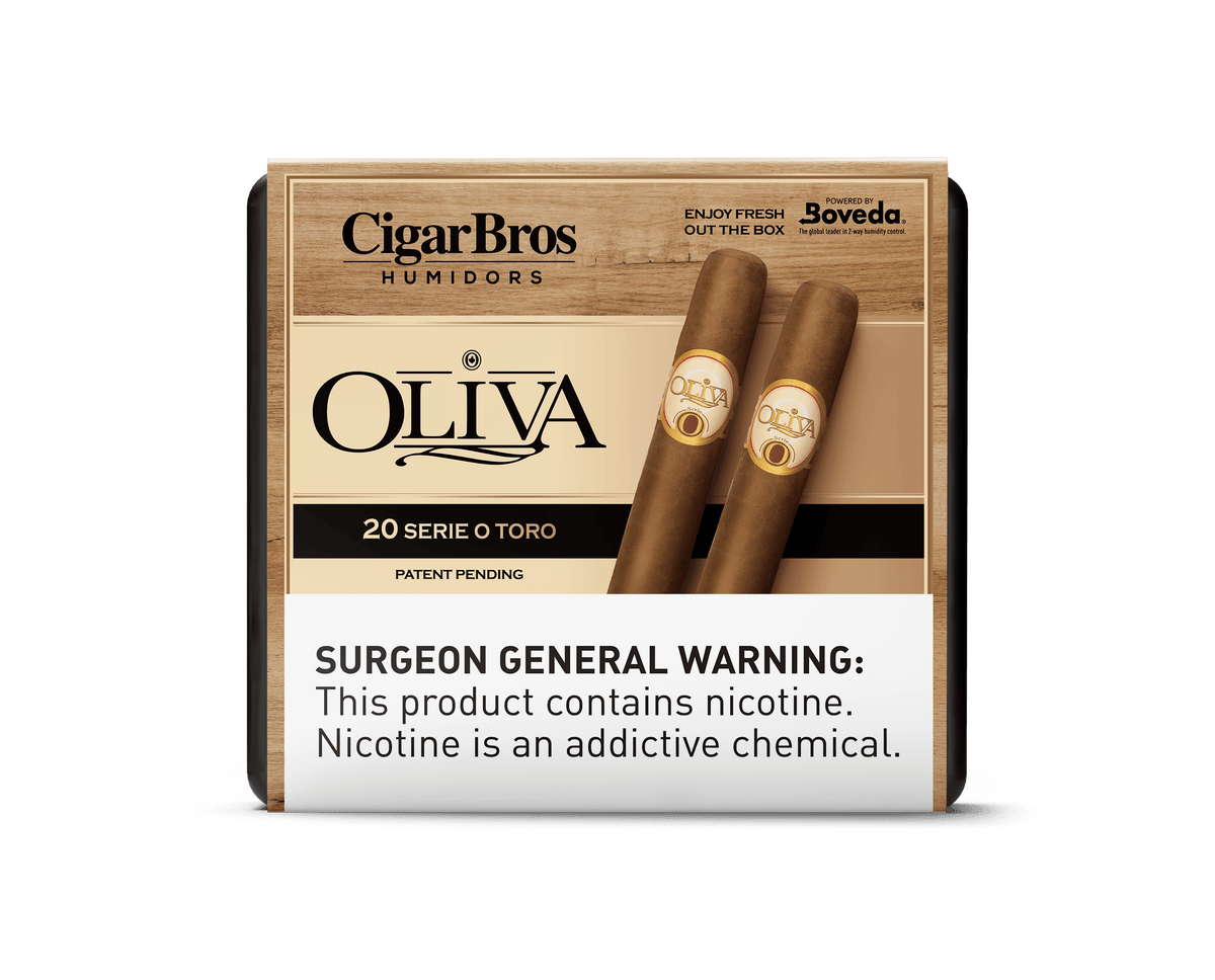 Oliva Serie O Toro cigars in a CigarBros humidor, highlighting two premium cigars alongside health warning.