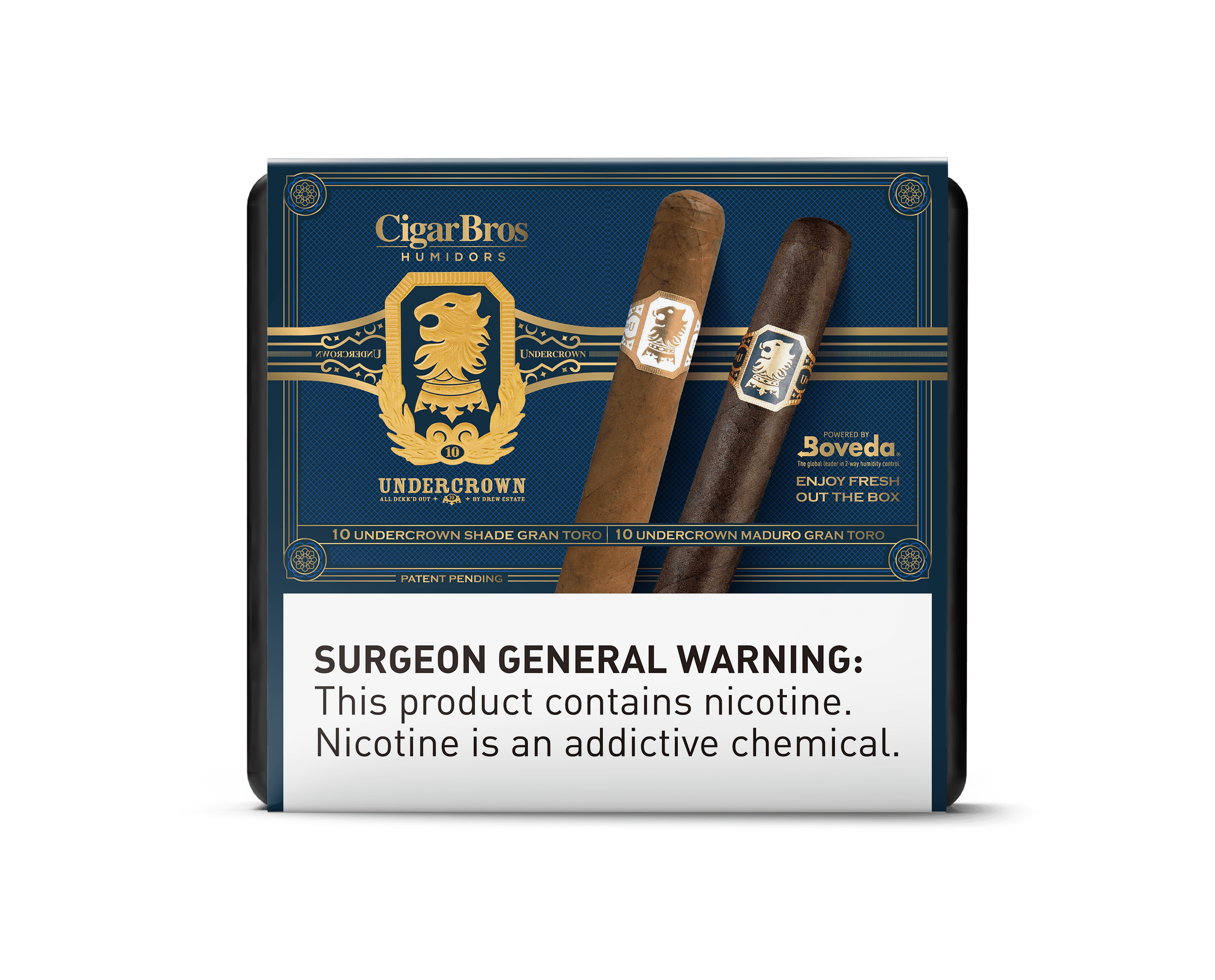 CigarBros Undercrown cigar box featuring Shade and Maduro varieties with surgeon general warning.