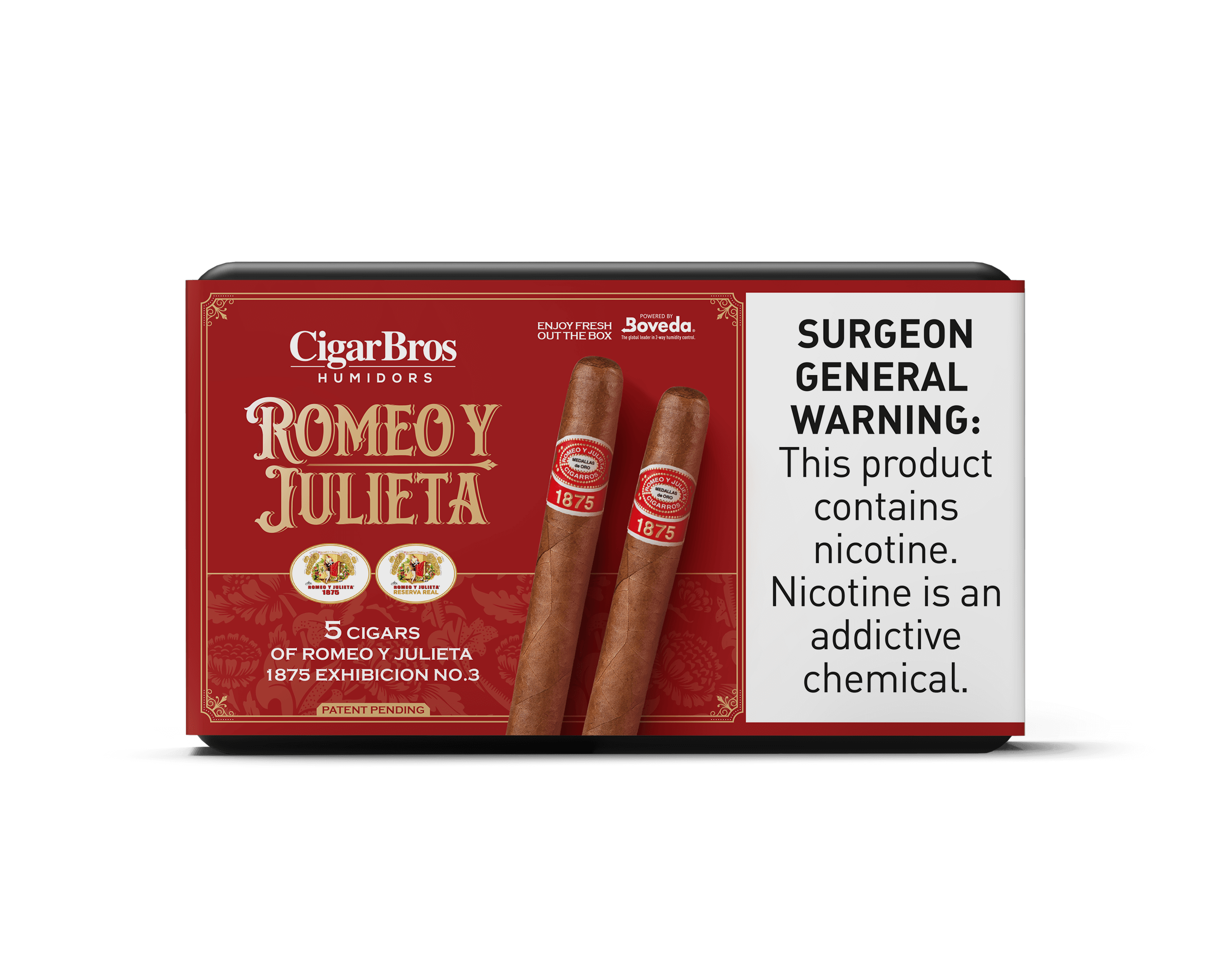 Romeo y Julieta 1875 cigars by CigarBros, featuring a red packaging with two cigars displayed.