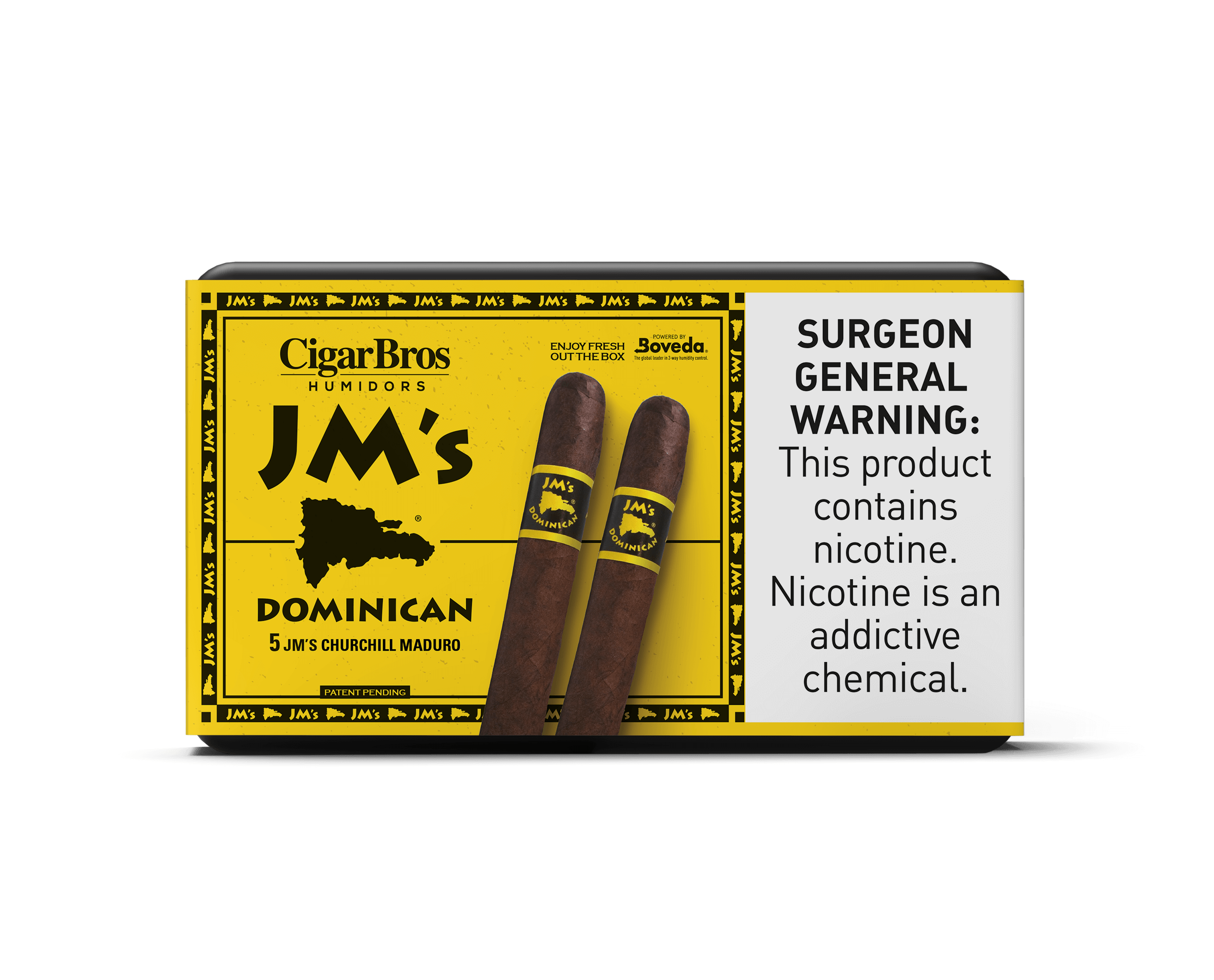 JM's Dominican cigars by CigarBros in a stylish box showcasing Churchill Maduro variety.