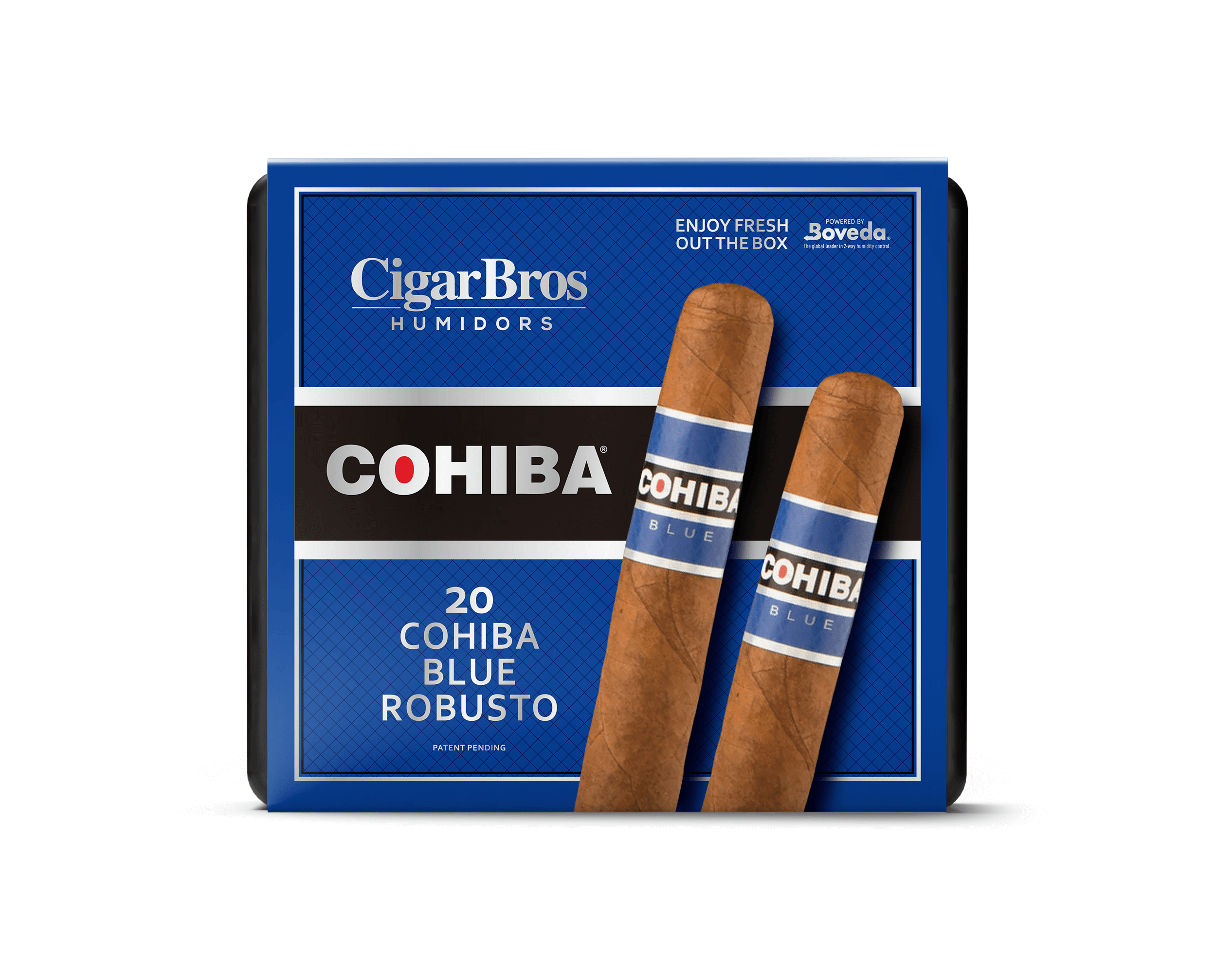 Cohiba Blue Robusto cigars in CigarBros humidors packaging, showcasing luxury and quality for cigar enthusiasts.