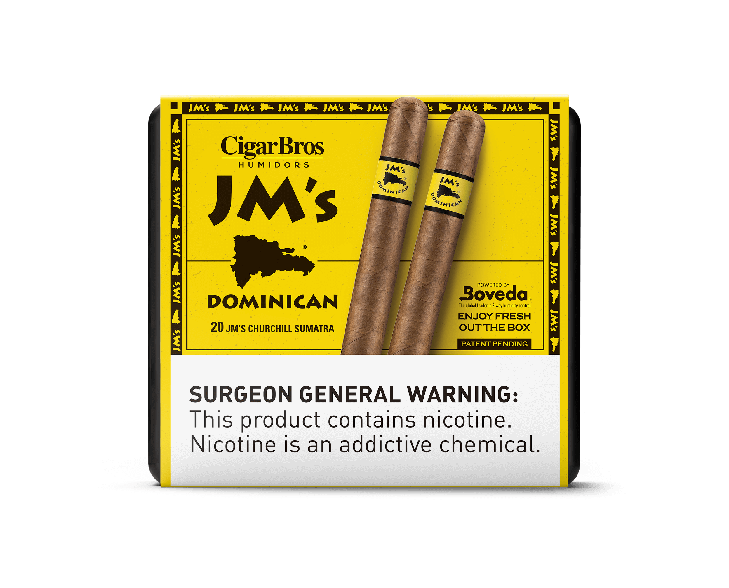 JM's Dominican cigars in a box featuring Sumatra Churchill variety, promoting bold flavor and quality craftsmanship.