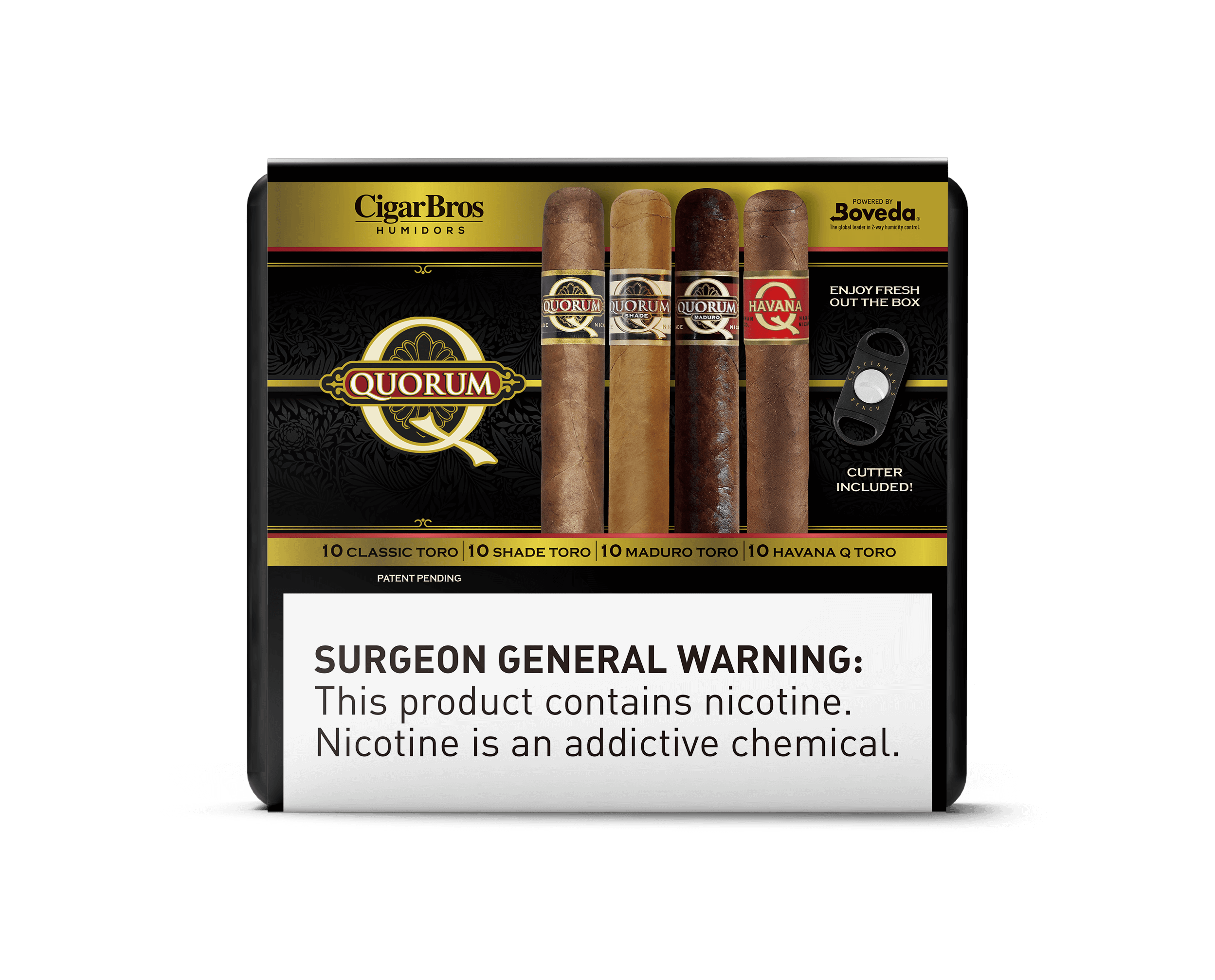 Quorum by CigarBros cigar pack featuring Classic, Shade, Maduro, and Havana Q blends; includes cutter and warning on nicotine.