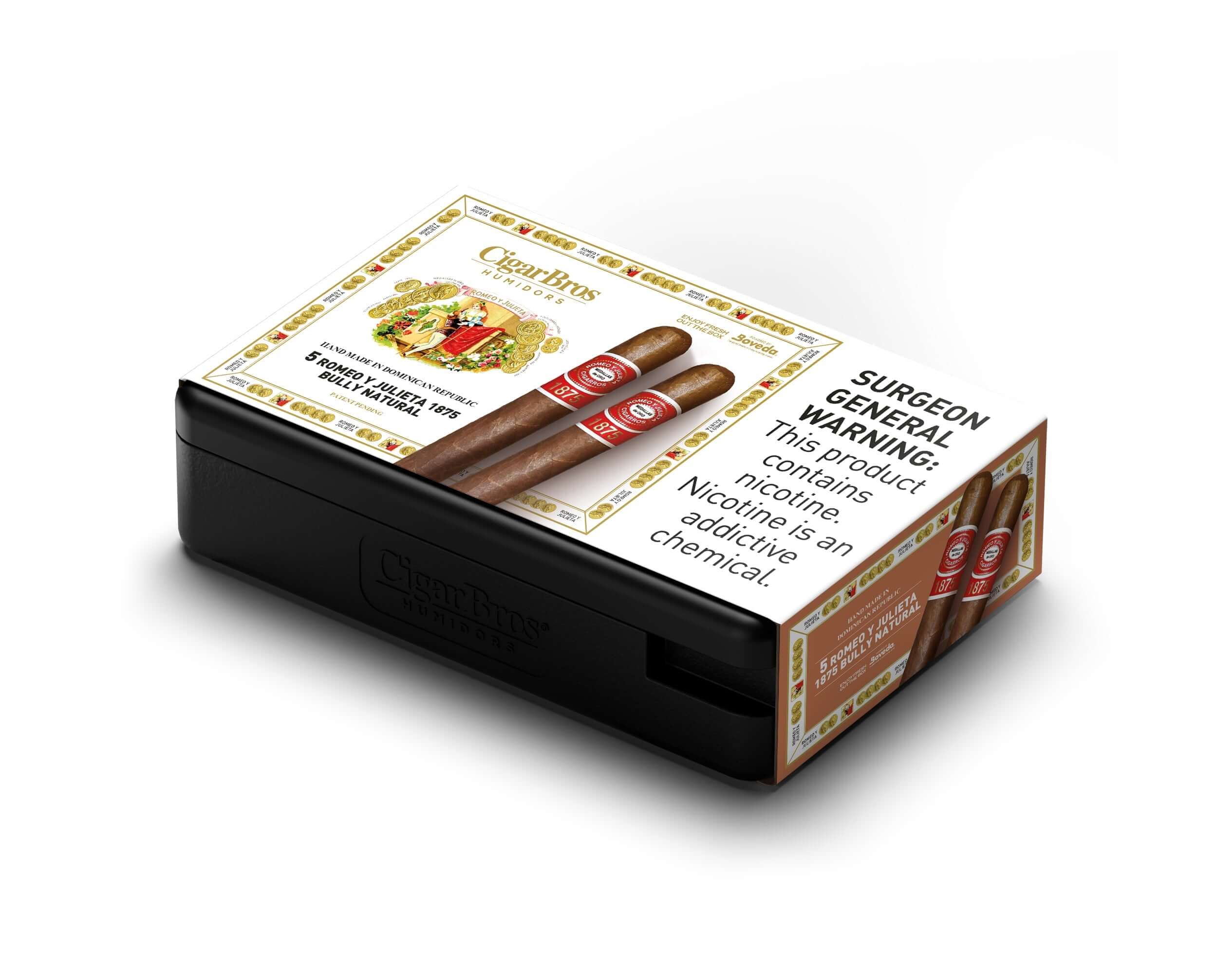 Romeo y Julieta 1875 cigar box by CigarBros, showcasing elegant packaging and two premium cigars.