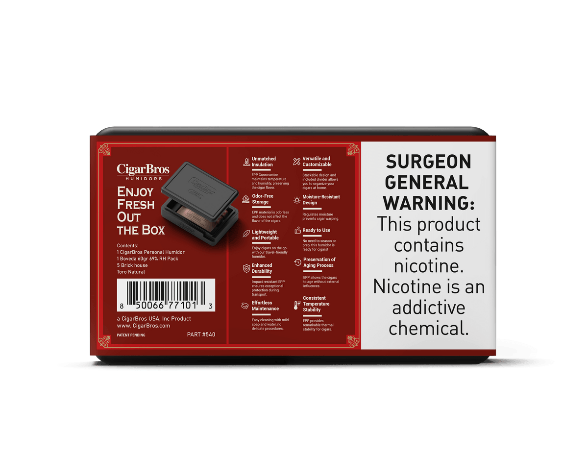 Brickhouse by CigarBros packaging with freshness instructions and health warnings, emphasizing quality cigars.