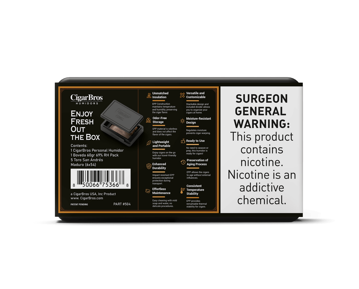 CigarBros personal humidor box with instructions and warning about nicotine addiction.