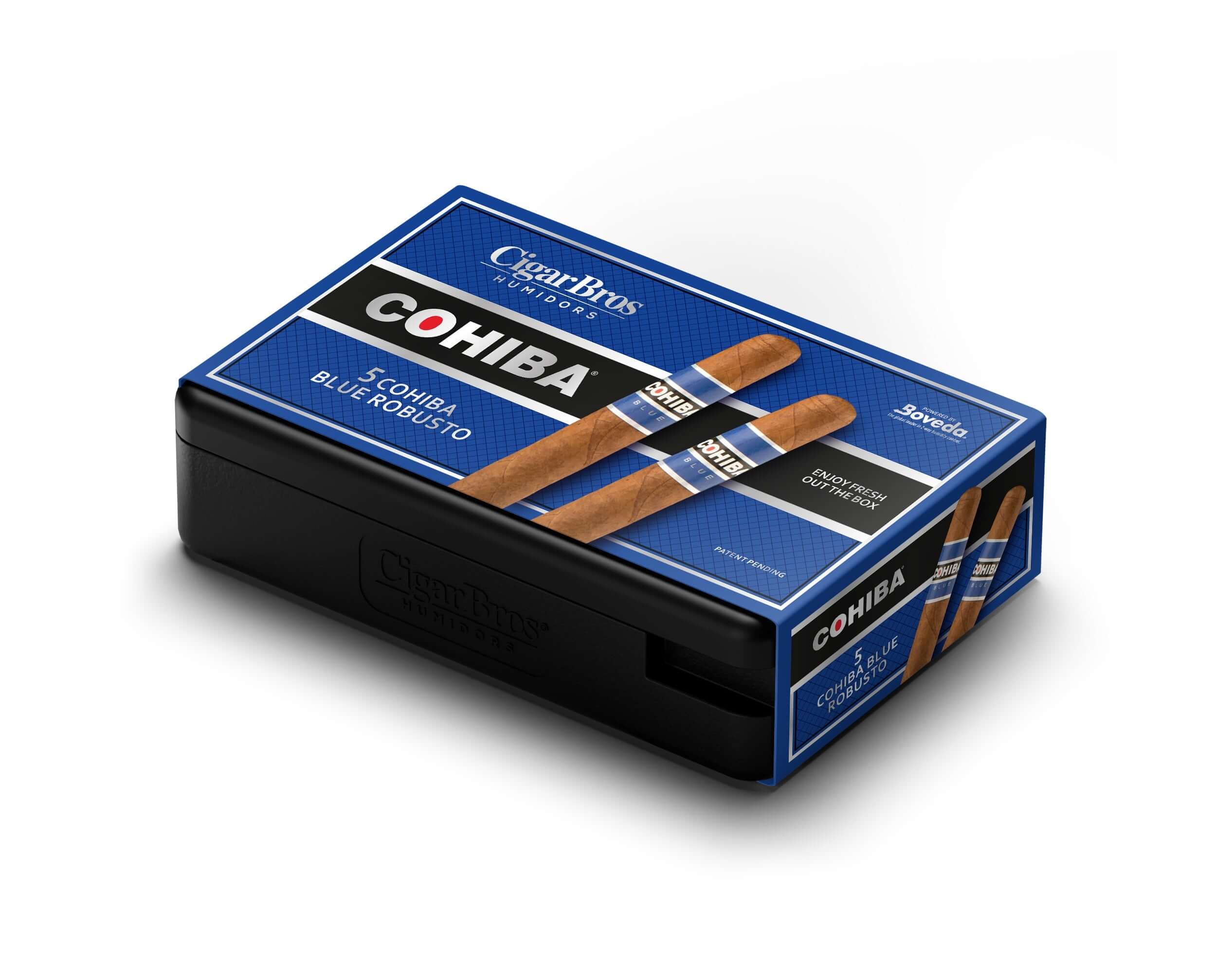 Cohiba Blue Robusto cigars in CigarBros humidor, showcasing elegant packaging and premium quality.