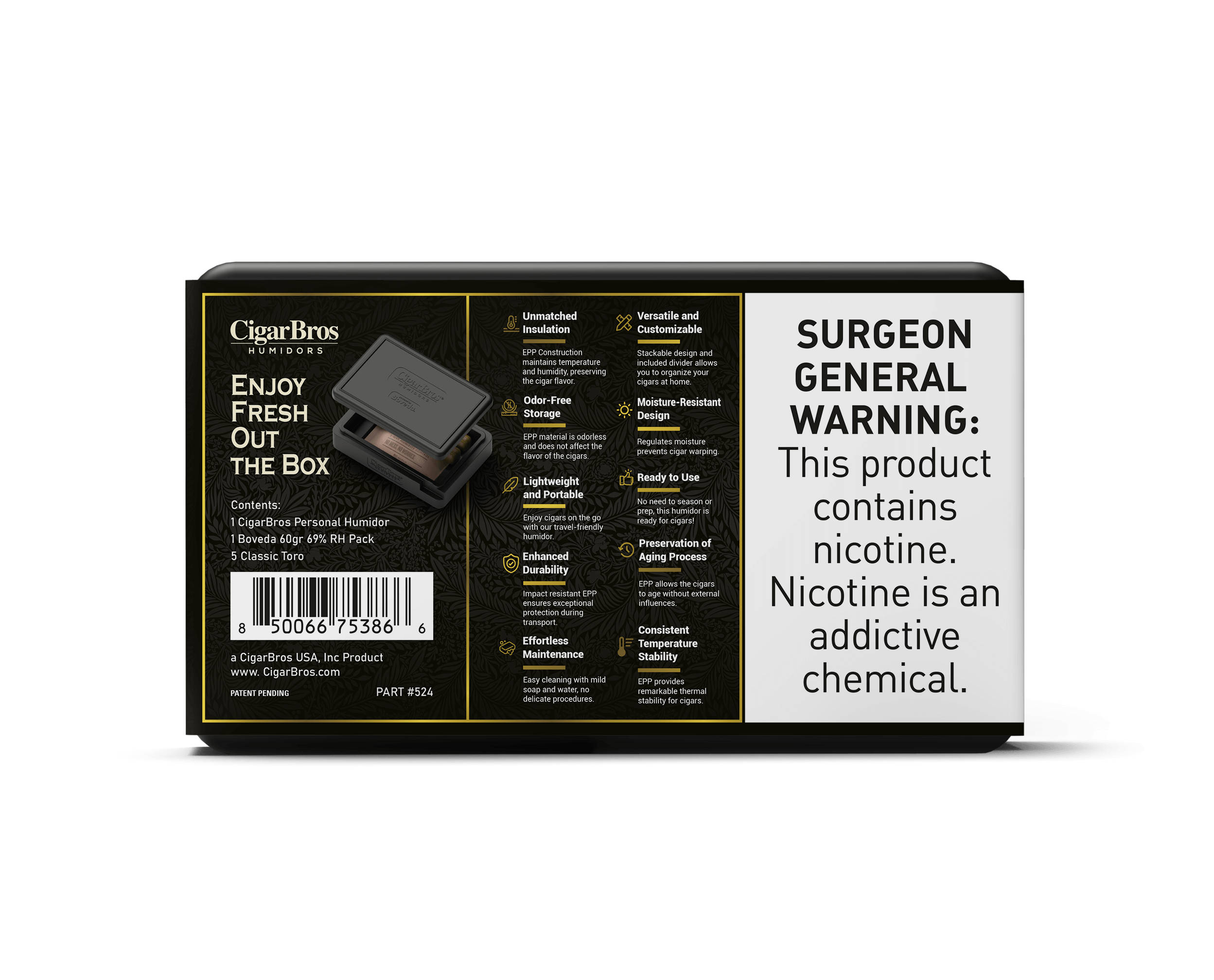 Back of CigarBros box highlighting fresh cigars and health warning about nicotine.
