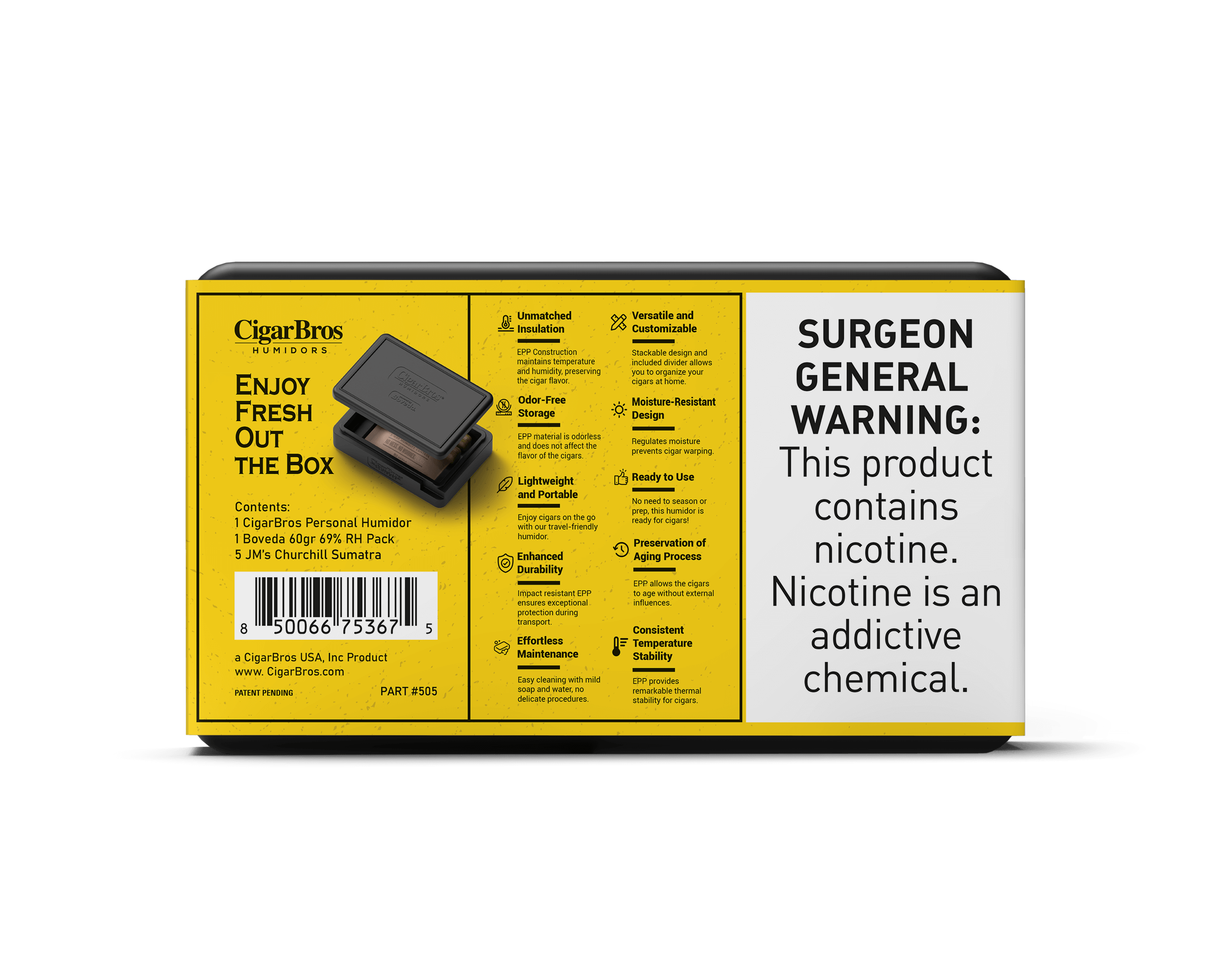 JM's by CigarBros box featuring a personal humidor, cigar details, and nicotine warning label.