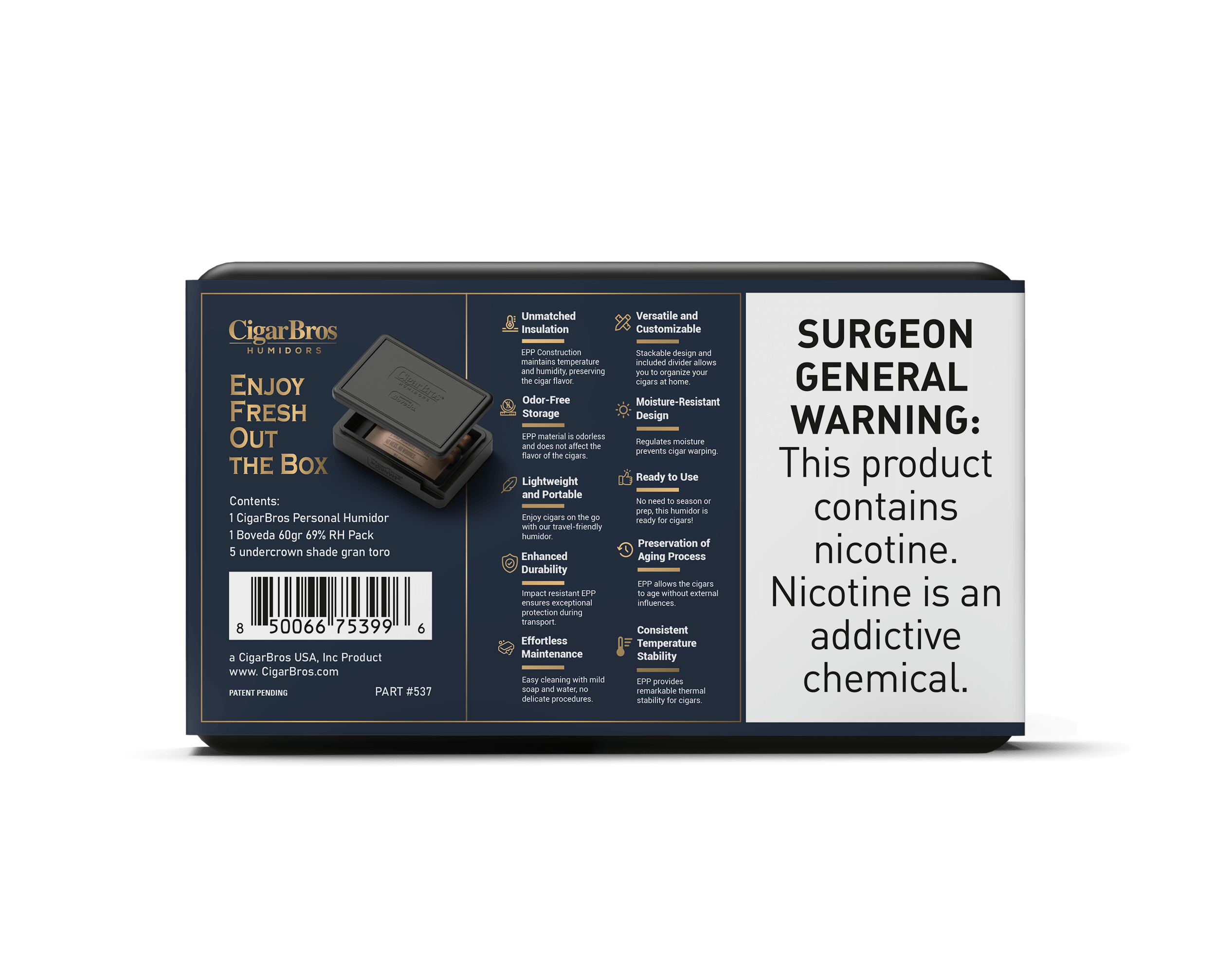 CigarBros personal humidor box featuring warning about nicotine addiction and freshness guarantee.