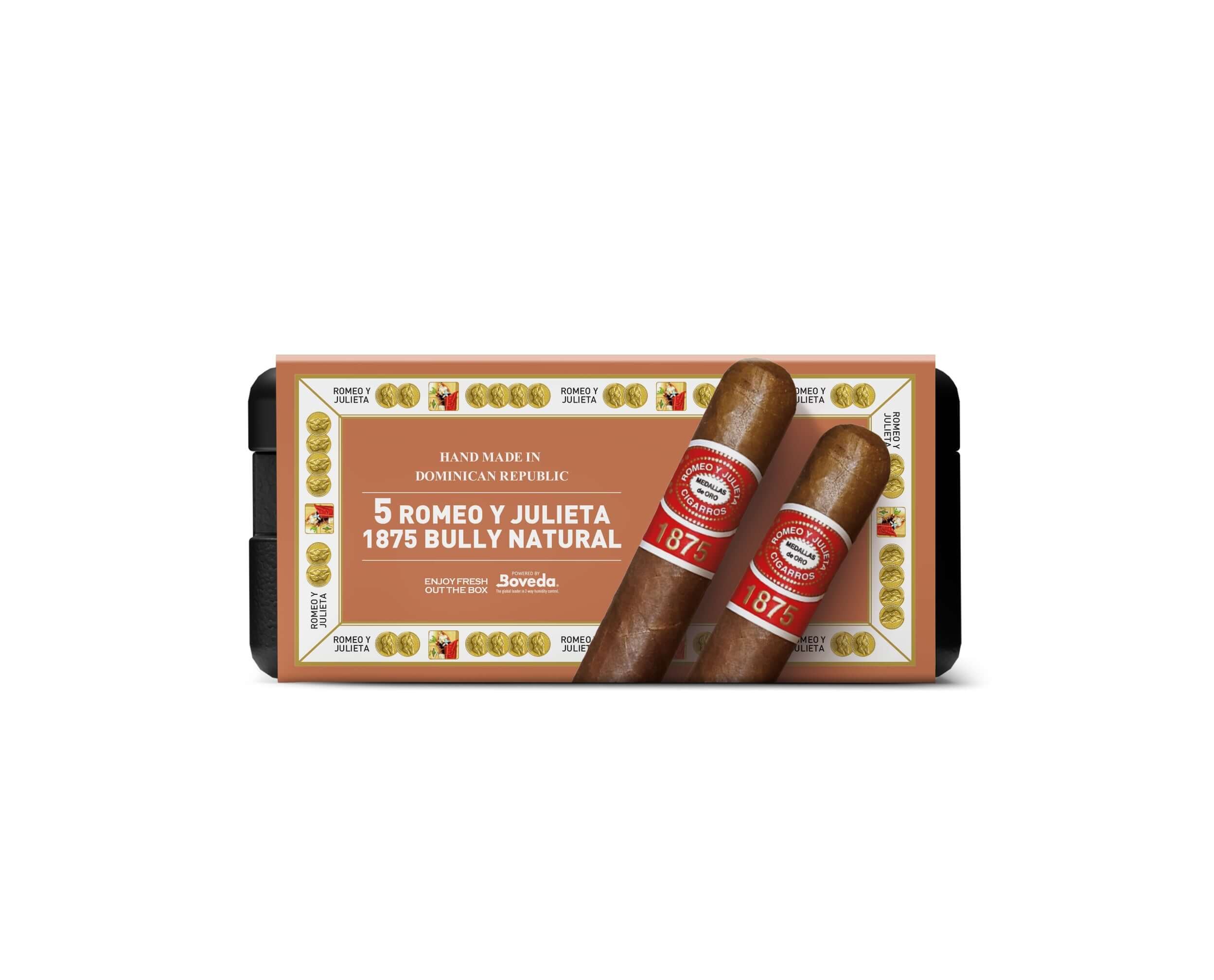 Box of 5 Romeo y Julieta 1875 Bully Natural cigars showcasing Cuban heritage and craftsmanship.