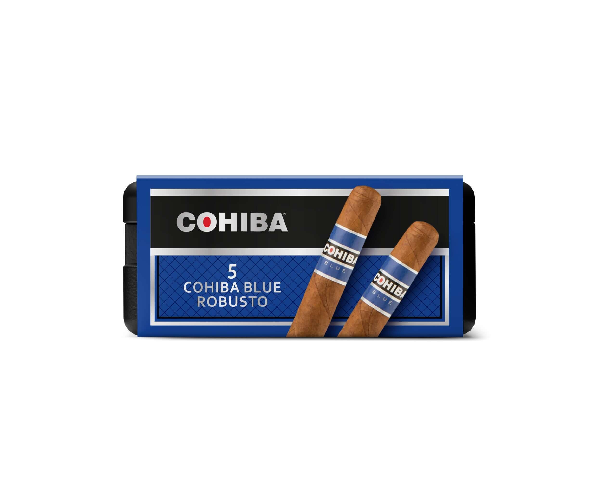 Cohiba Blue Robusto cigar box featuring 5 cigars, showcasing modern elegance and luxury.