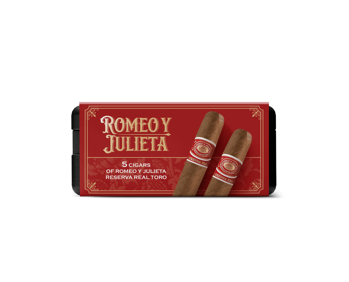 Box of 5 Romeo y Julieta Reserva Real Toro cigars showcasing elegance and premium quality.