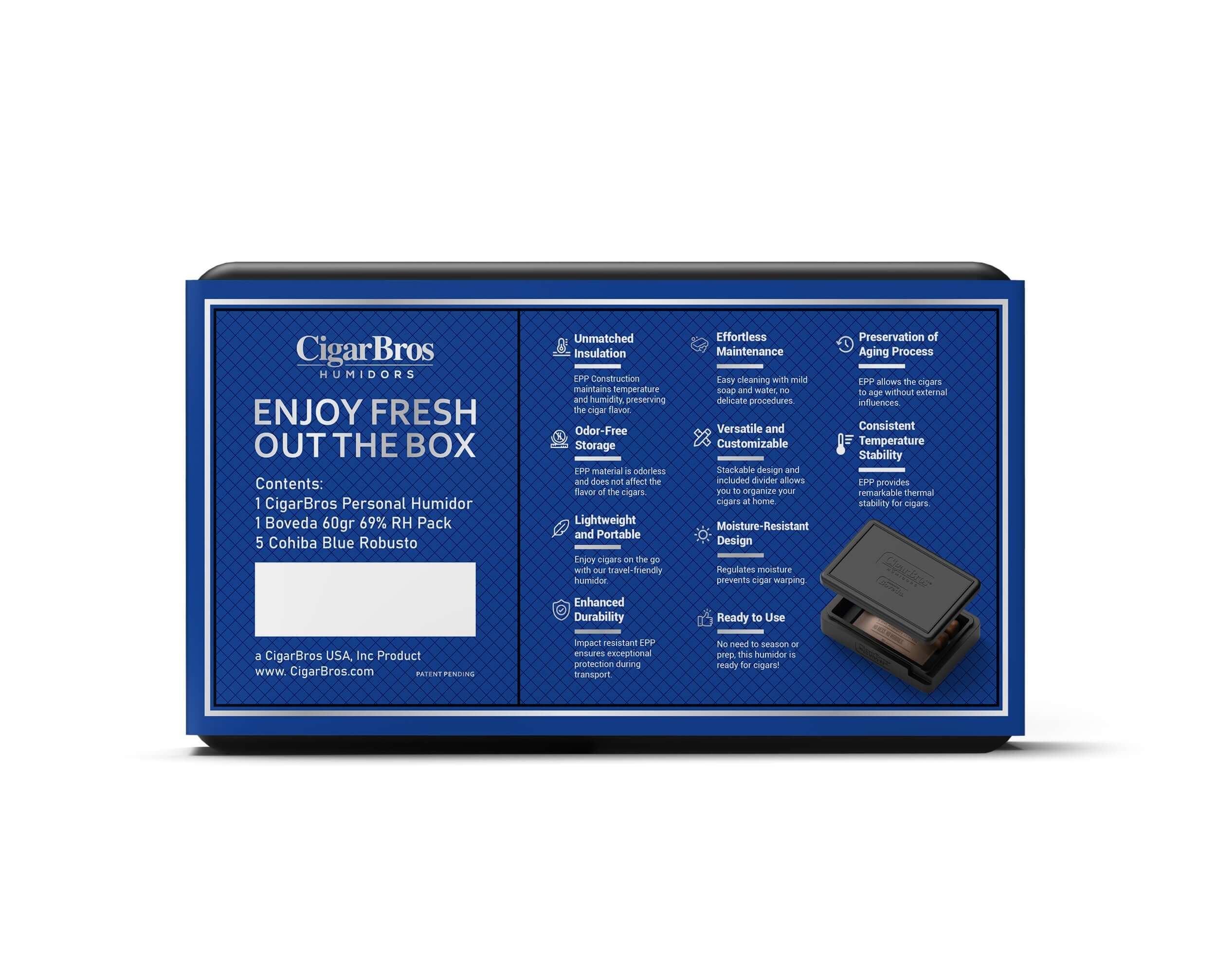 CigarBros Personal Humidor packaging with Cohiba Blue Robusto details and features listed on the back.