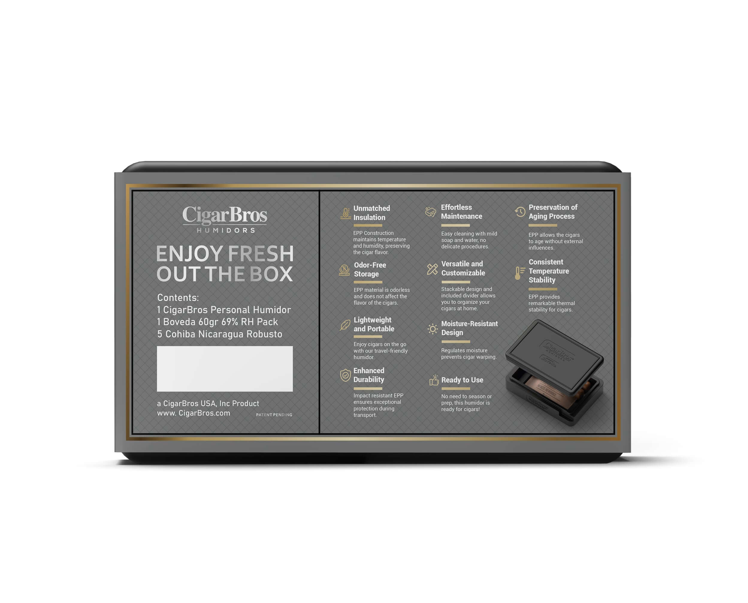 CigarBros Personal Humidor with Cohiba Nicaragua Robusto cigars, highlighting freshness and quality.