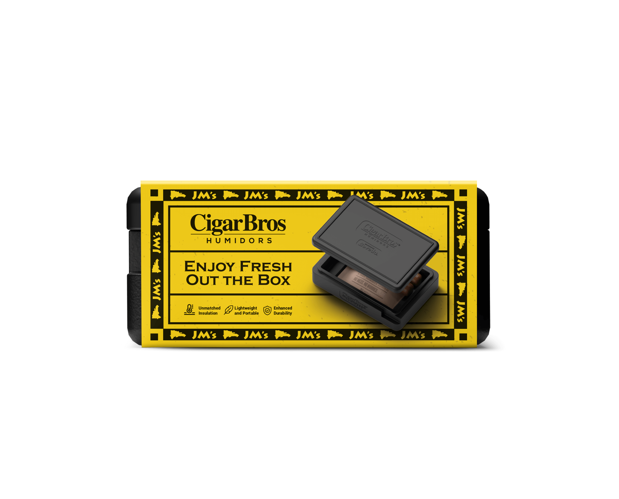 CigarBros humidors packaging promoting freshness for JM's Dominican cigars, featuring a stylish black humidor.