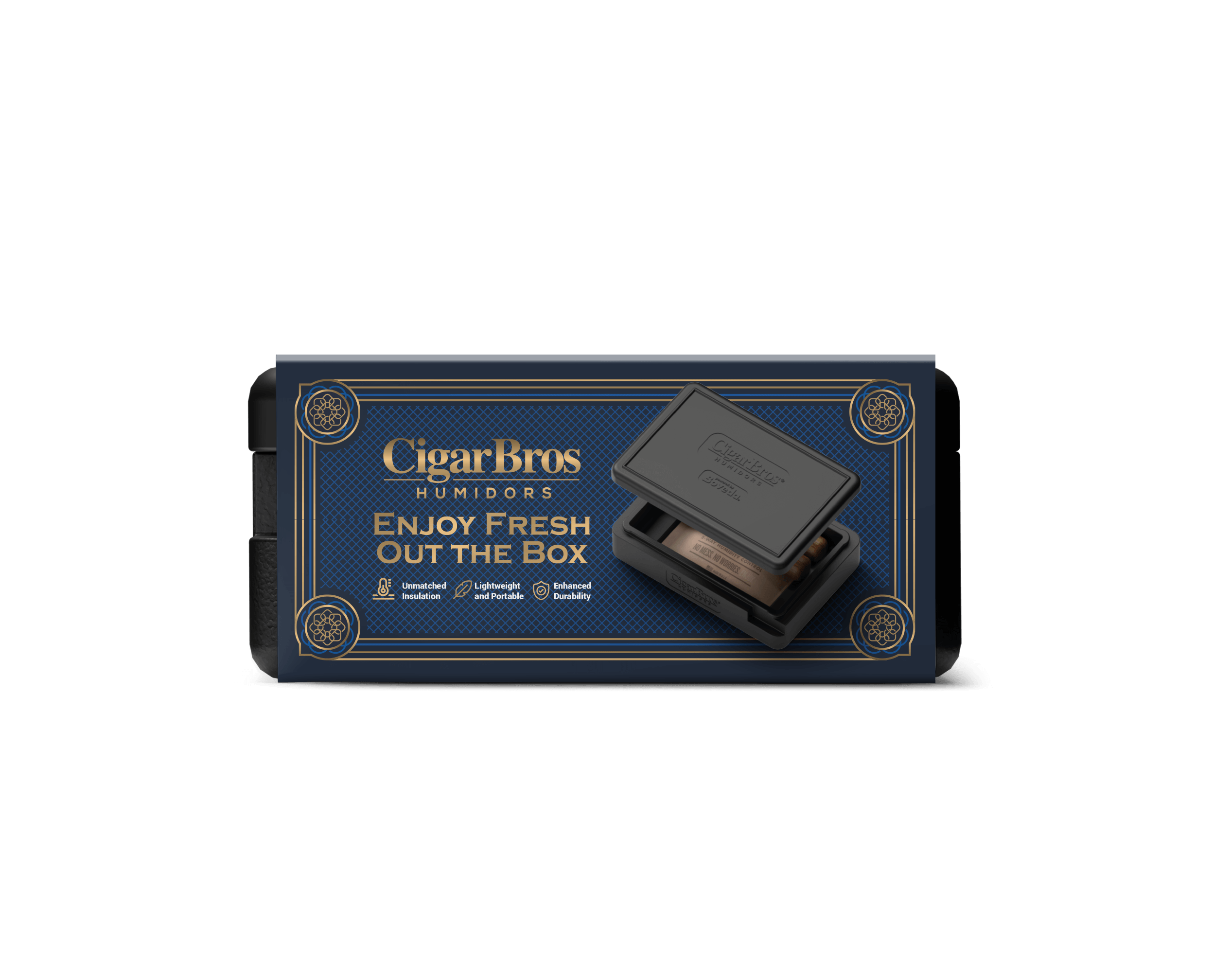 CigarBros humidor packaging featuring a sleek design and tagline 'Enjoy Fresh Out the Box'.