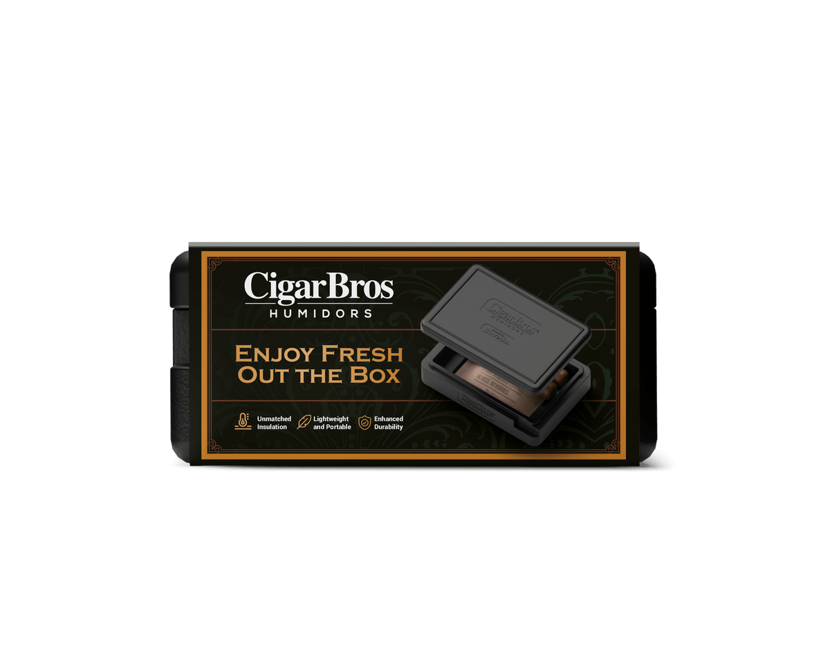 CigarBros humidor box for maintaining freshness, featuring sleek design and clear branding.