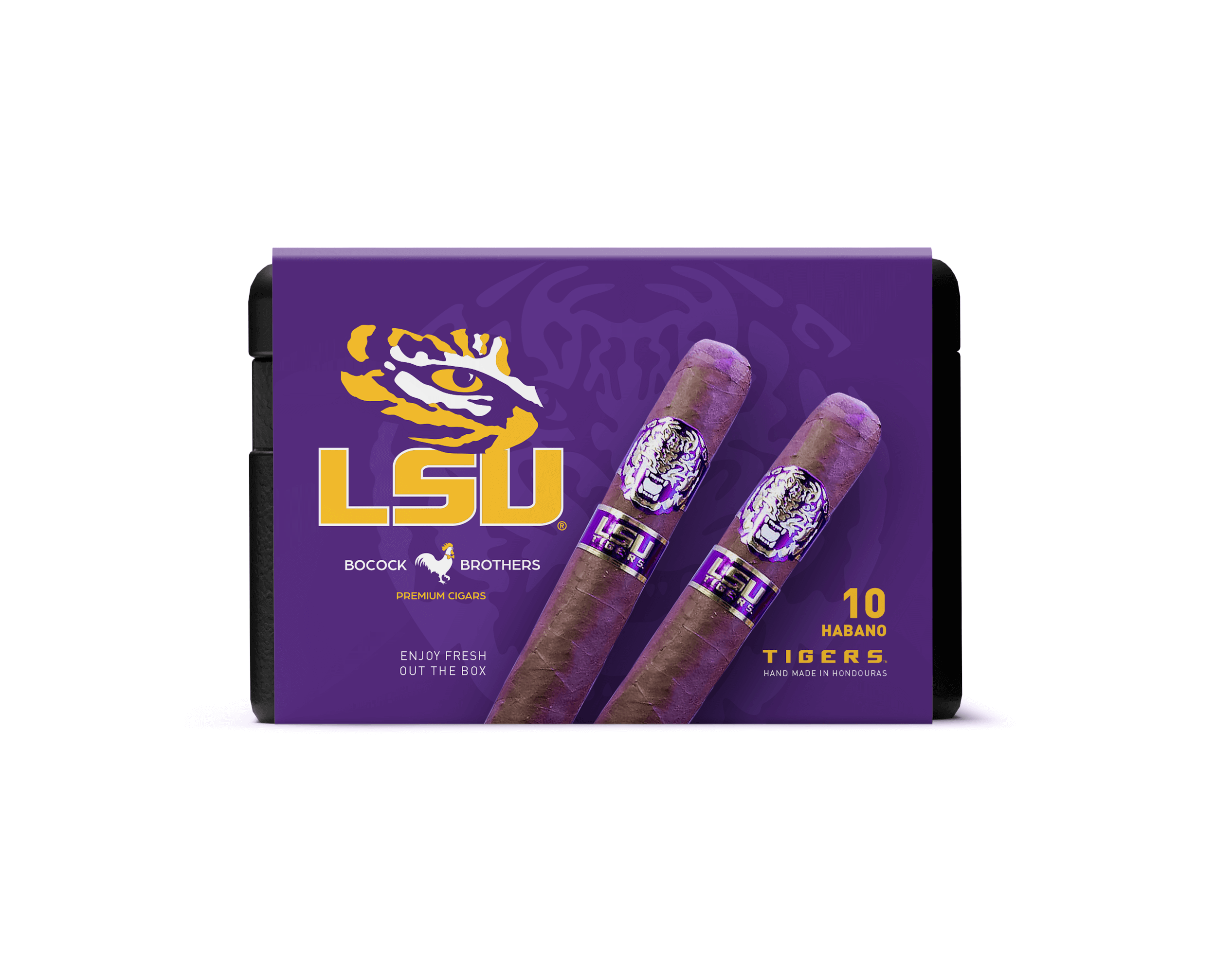 LSU Cigars by Bocock Brothers, featuring two premium Habano Toro cigars in a colorful box.