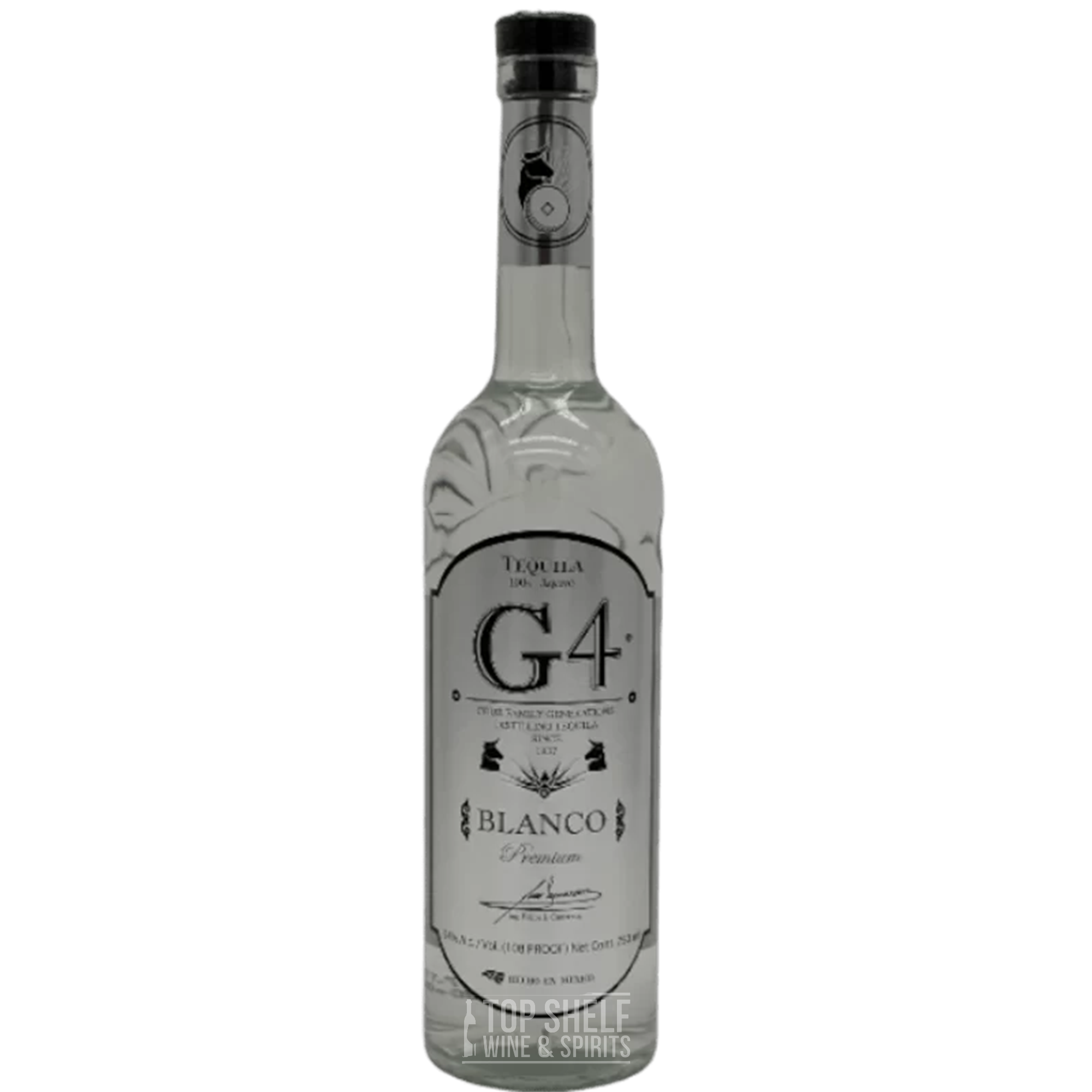 G4 Blanco 108 Proof Tequila bottle with elegant label, showcasing high-proof, premium tequila distilled in copper stills.