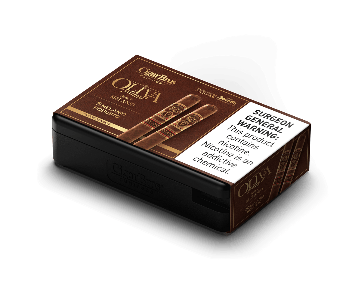 Oliva Melanio cigar box by CigarBros featuring sophisticated design and health warning label.