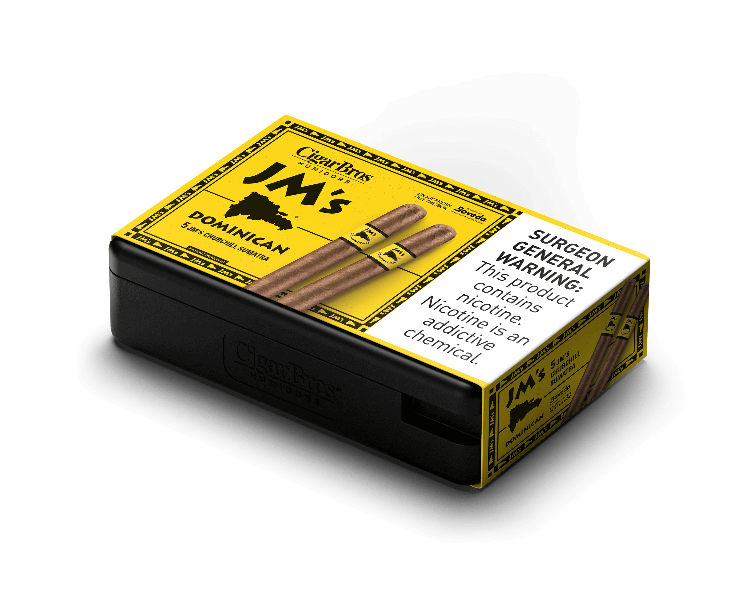 JM's Dominican cigars packaging showcasing smooth, hand-rolled Sumatra and Maduro varieties by CigarBros.