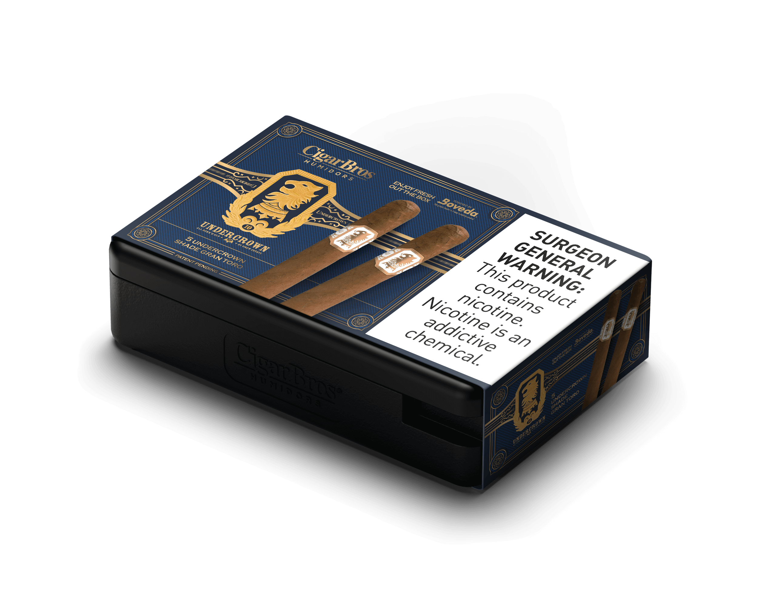 Undercrown by CigarBros cigar box showcasing rich flavors and bold character, featuring Surgeon General warning.
