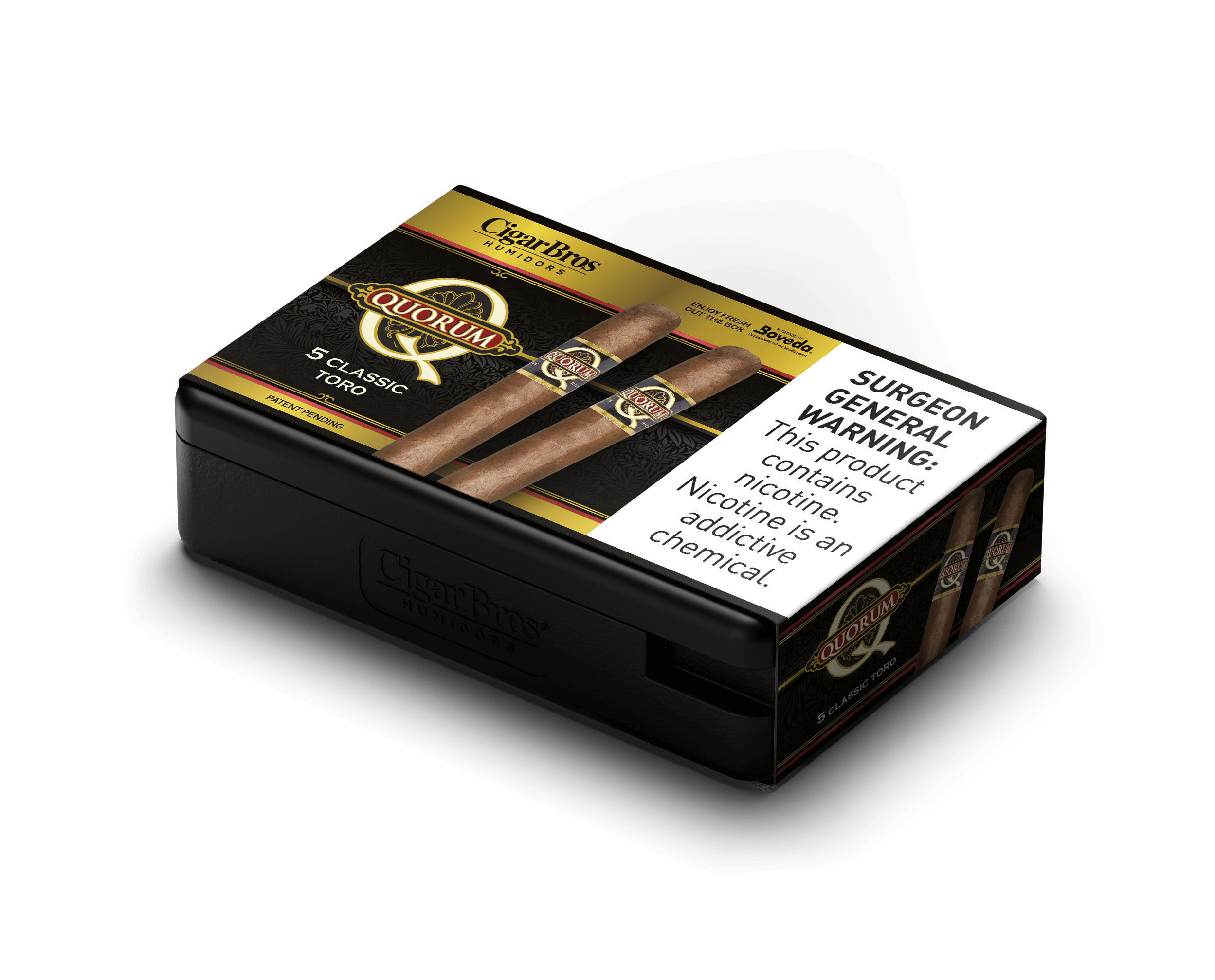 Quorum by CigarBros Classic Toro cigar box featuring 5 premium hand-rolled cigars, known for quality and smooth flavor.