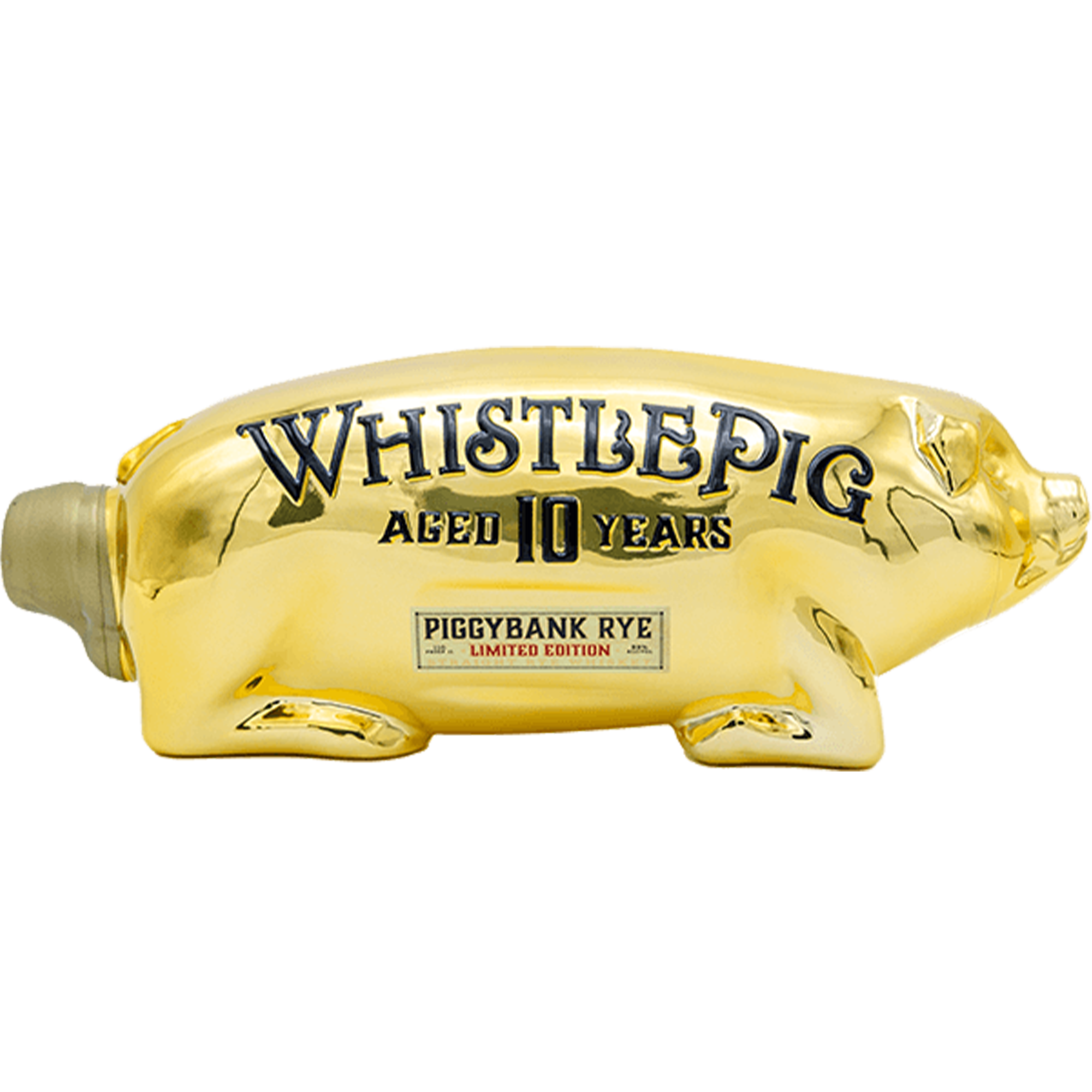 WhistlePig Piggybank Rye Whiskey bottle aged 10 years, limited edition golden pig design.