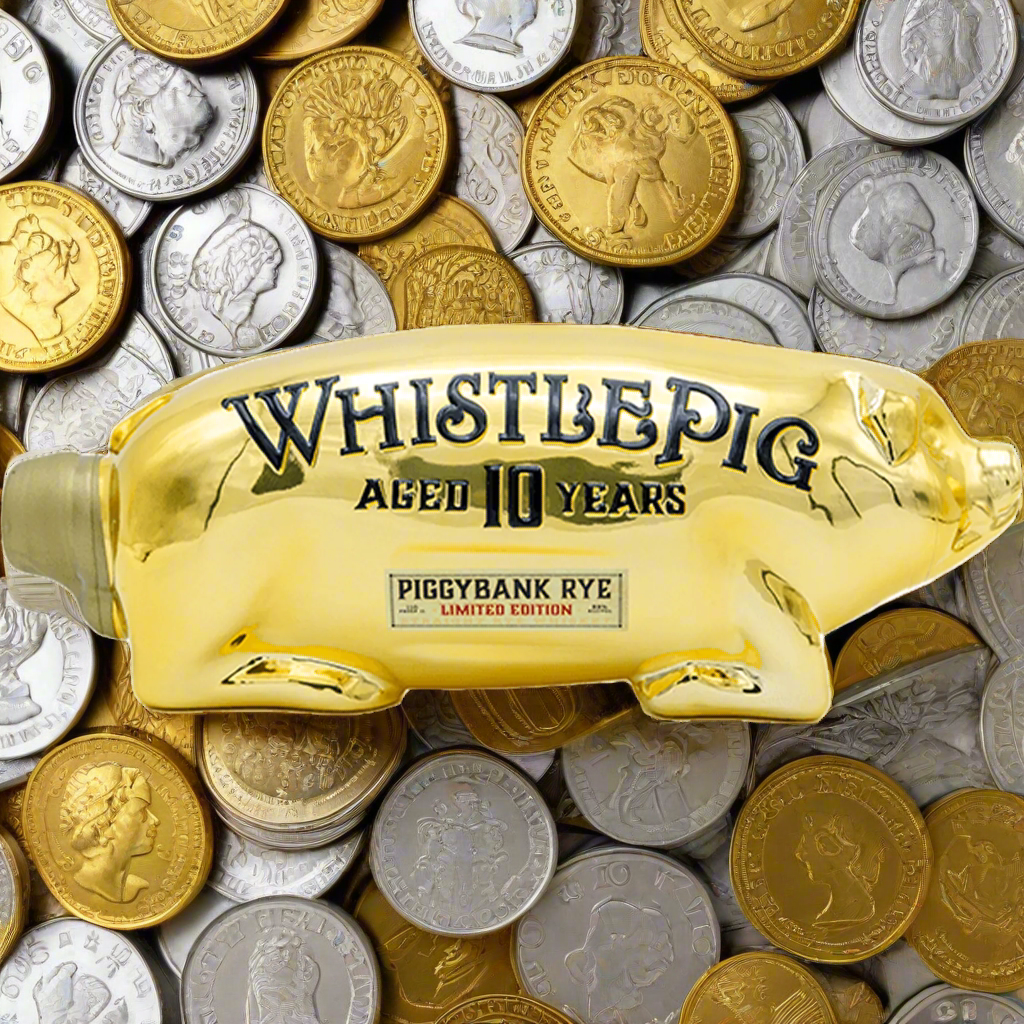 WhistlePig Piggybank Rye Whiskey bottle aged 10 years on a bed of gold and silver coins.