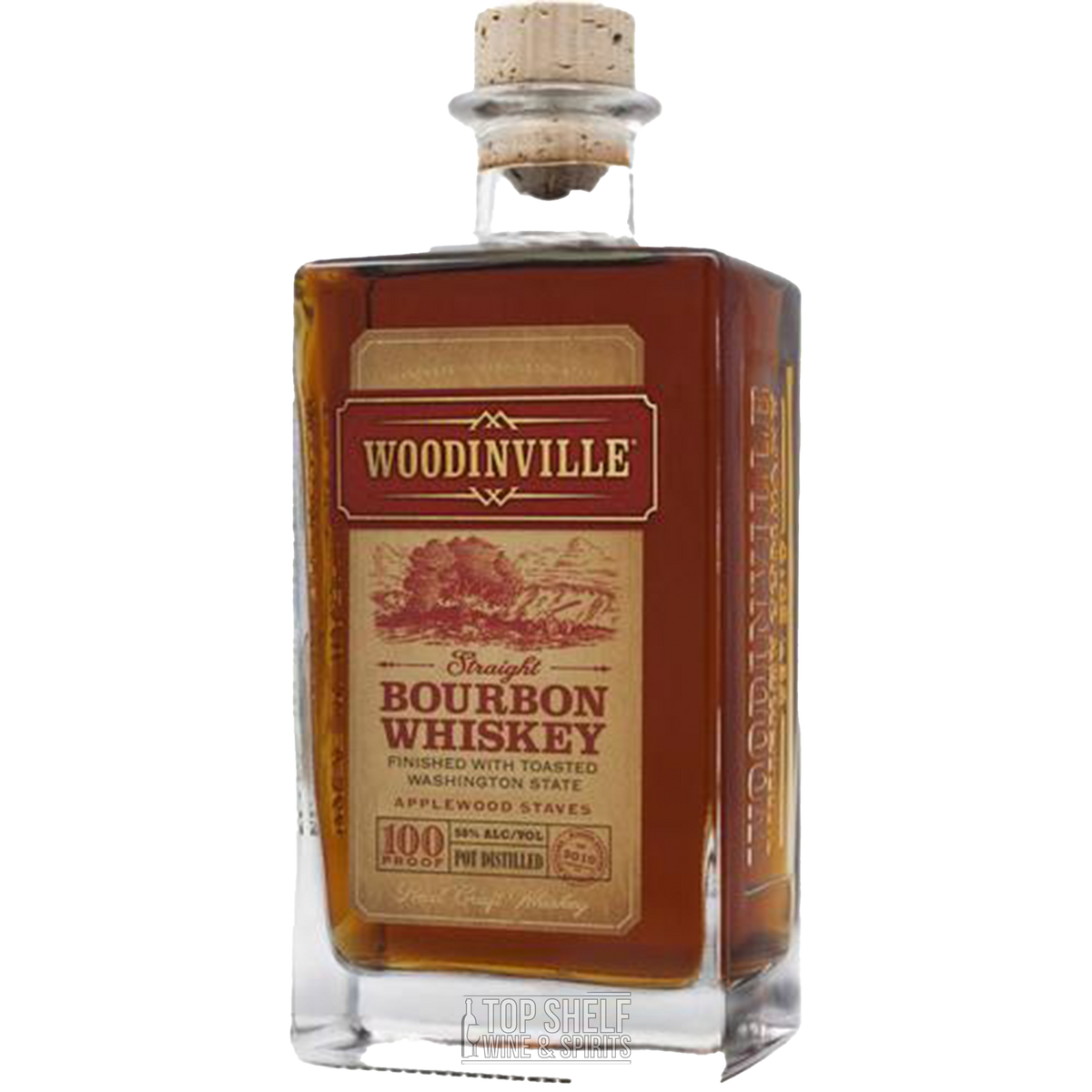 Woodinville Applewood Staves Straight Bourbon whiskey bottle with unique label and cork top.