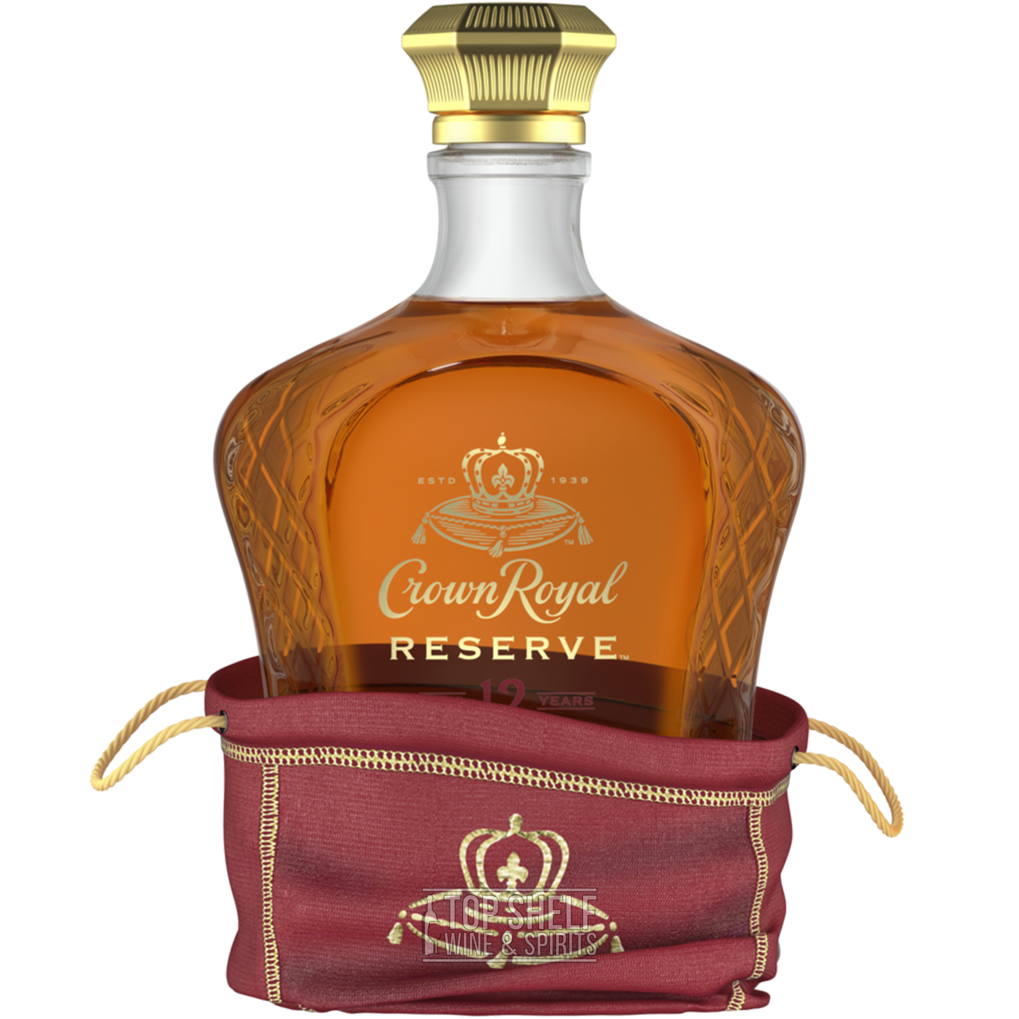 Bottle of Crown Royal 12 Year Reserve Canadian Whisky in a signature purple bag, showcasing its rich amber color.