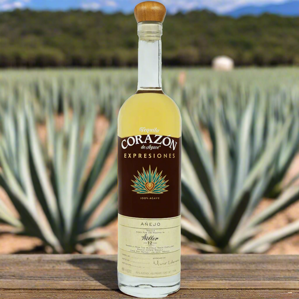 Corazon Expressiones Weller 12 Year Añejo Tequila bottle in an agave field, showcasing premium craftsmanship.