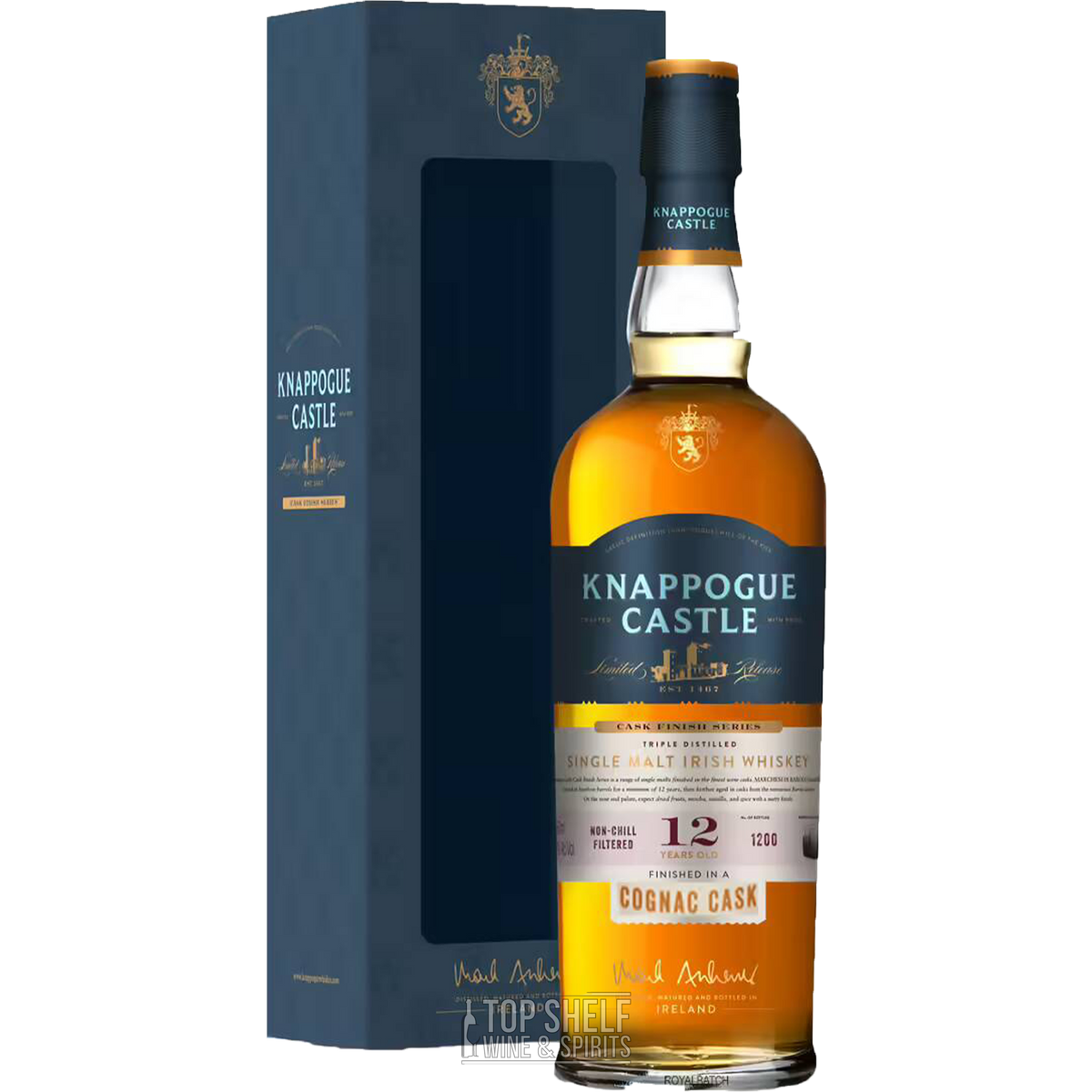 Knappogue Castle 12 Year Old Cognac Cask Single Malt Irish Whiskey bottle with elegant packaging.
