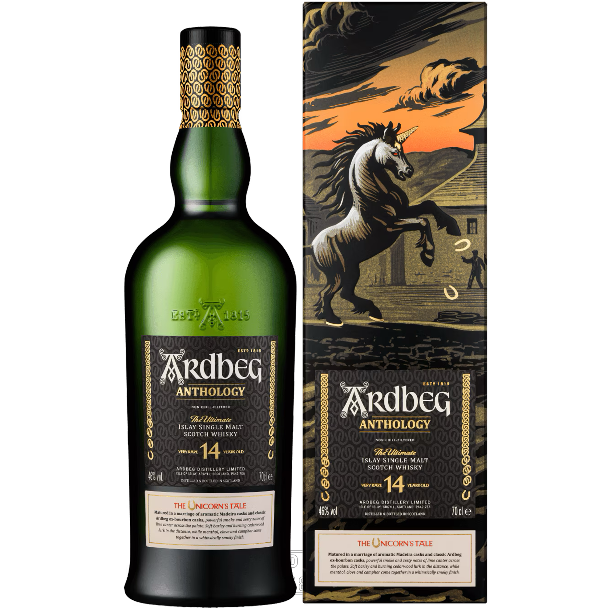 Ardbeg Anthology The Unicorn 14 Year Limited Edition Scotch bottle and box packaging.